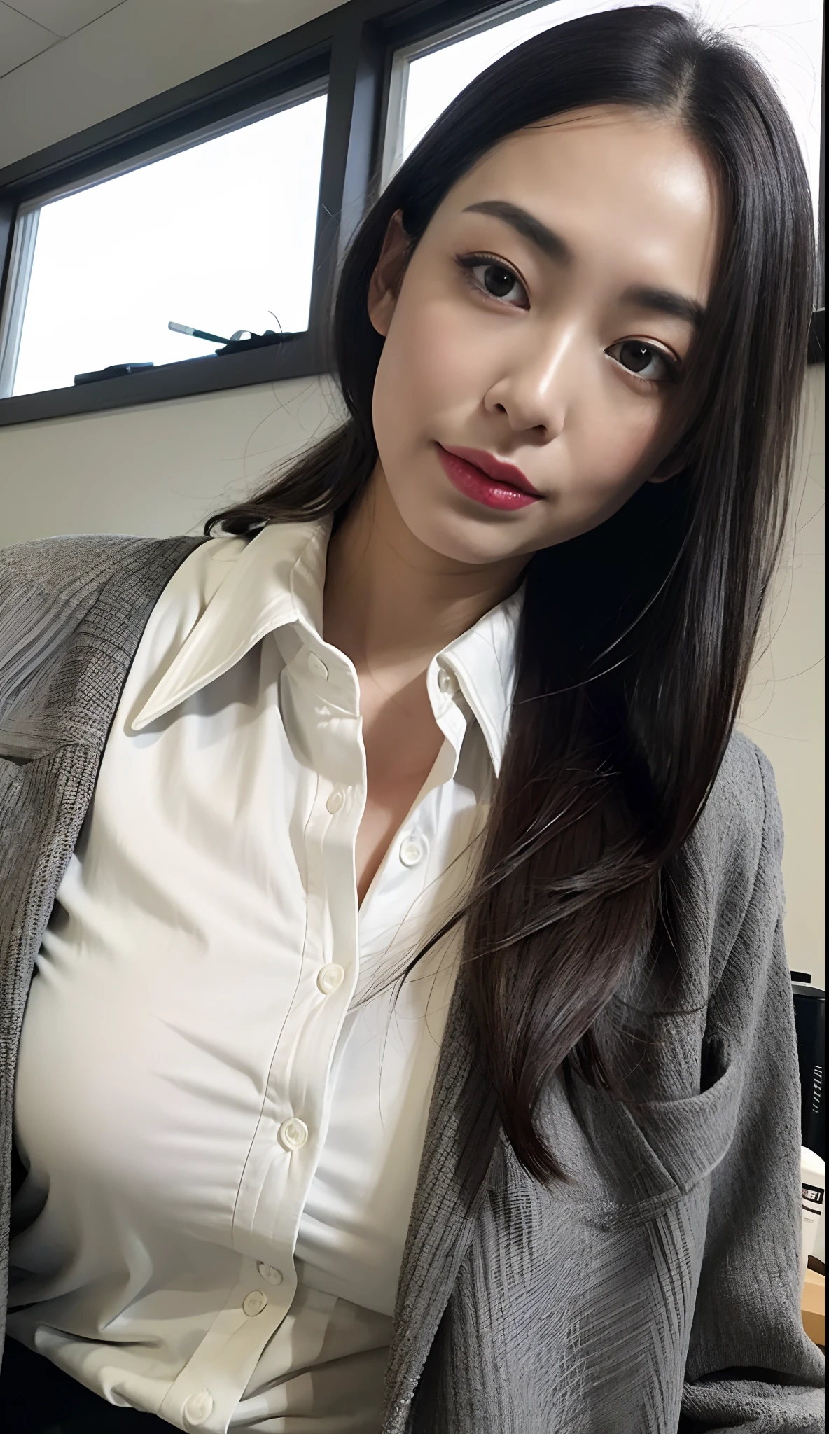 masterpiece,best quality, (1 milf), ((close up:0.5)), ((cross arms)), glare, gray blazer, white shirt, double eyelid, eyelash, lip gloss, (angry:1), ((close eyes:0.85)), ((Looking at Viewer)), RAW, (from below:1), ((nobody)), office,
