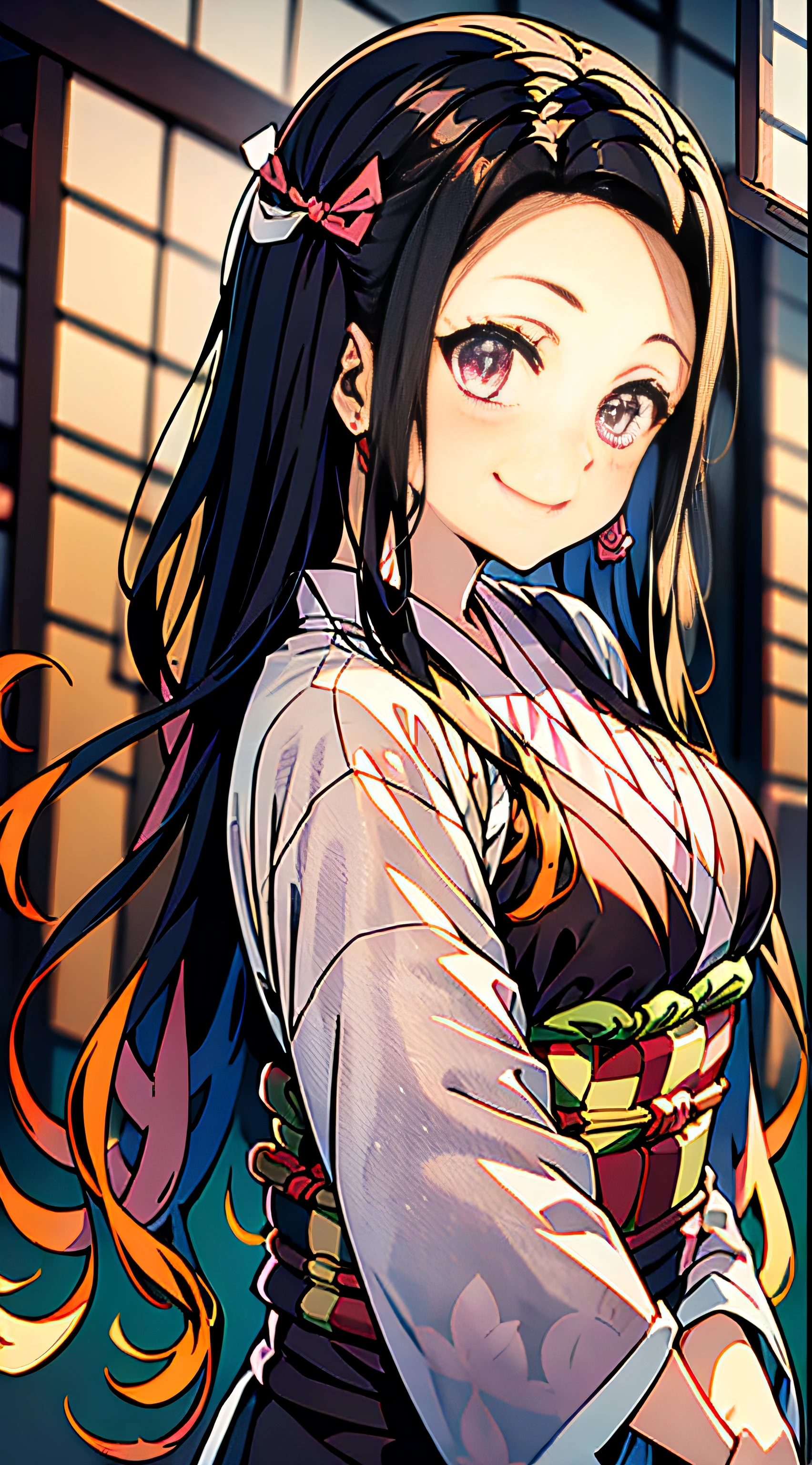 Wear kimono well、(masutepiece: 1.2), Best Quality, masutepiece, High resolution, Original, Highly detailed wallpapers, (super detailing), (Best Illustration), (better shadows), (Nezuko), Smile, blusher, (perspiring), Under the breasts,