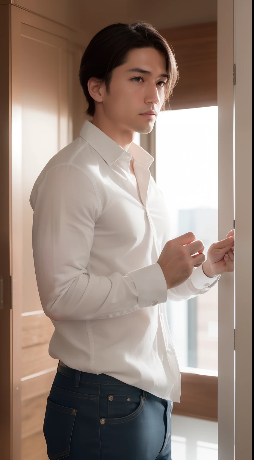 Casual Poses、(extremely delicate and beautiful work)、30's man、Center Part、white shirt、High Detail、、a cold expression、clear eyes、Simple bokeh background、extreme detail depiction、Handsome and convincing、Ultra-fine painting、delicated face、Fine Mix 4、(8k、RAW Photography、top-quality、masterpiece:1.2)、(realisticlying、realisticlying:1.37)、1人、30's man、a handsome、A city scape、(((natta)))、Sateen、wet、profetional lighting、photon maping、forceful