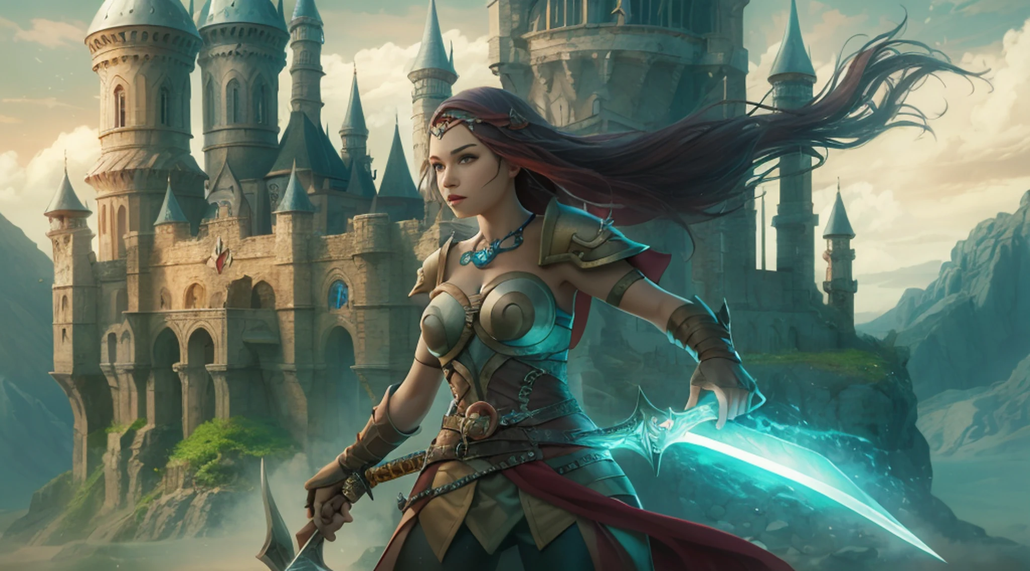 a woman in a fantasy setting with a sword and a castle, detailed digital 2d fantasy art, 4k fantasy art, high quality fantasy art, 2. 5 d cgi anime fantasy artwork, detailed fantasy art, digital 2d fantasy art, hd fantasy art, fantasy game art, 8k fantasy art, fantasy art behance, epic fantasy art style hd