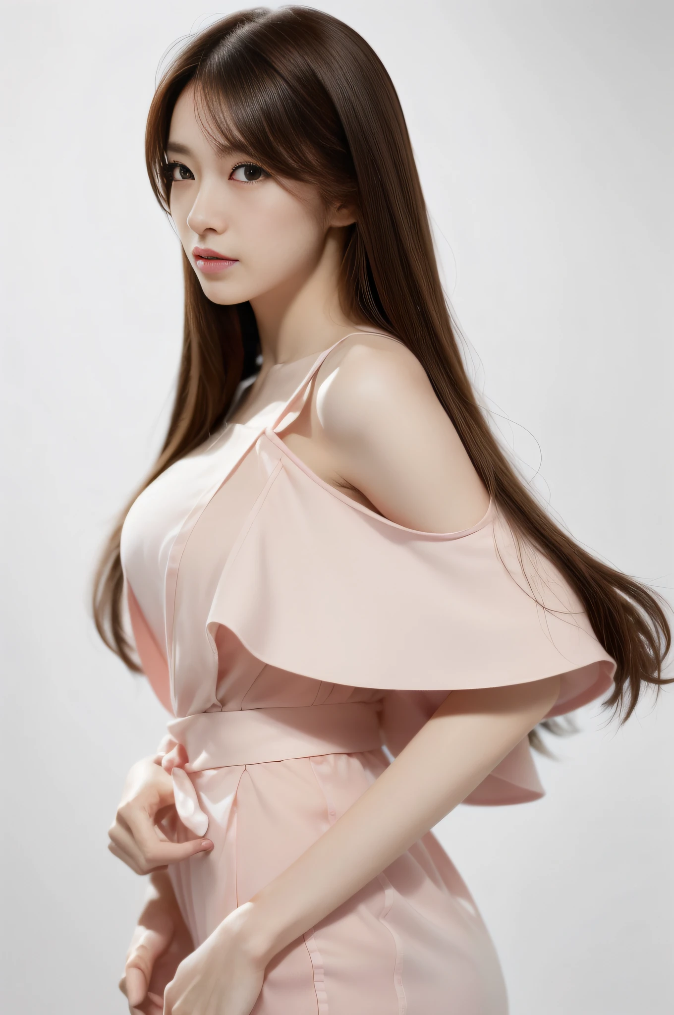 ((10: 1.27), top-quality, master-piece,Hold the product in your hands...,long-haired, Presenter,Straight brunette hair,ultra-high resolution: 1.2) Photos of cute Japanese women (attractive:1.1),White background,Sexy pink open-shoulder shirt,good anatomy,Beauty style