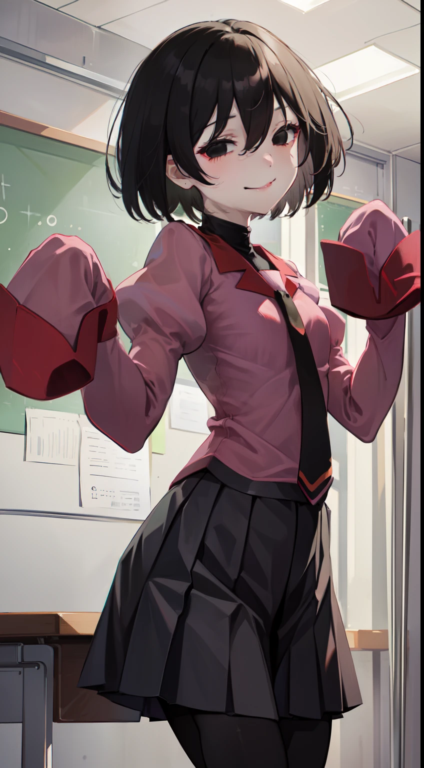 (masterpiece,best quality, detailed), 1girl, solo, indoors, classroom, half-closed eyes, smile, closed mouth, night, dark, moon, cowboy shot, oshino ougi, pink shirt, black pantyhose, sleeves past fingers, pleated skirt, black necktie, puffy sleeves, black undershirt