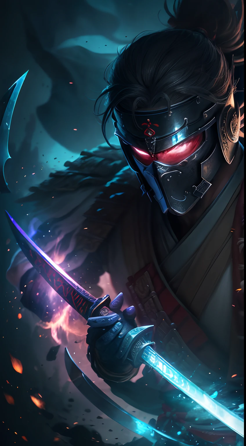 (8k), Ultra resolution 8K, Stunning illustration of a samurai warrior , Powerful Hero, Warrior Prince,Traje de samurai Athletic Body samurai, armadura muy bien detallada,((sostiene una gran hacha de espada)), cinematic lighting,action pose, agregar efecto al final,Mythical background