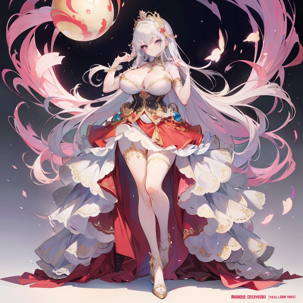 ((anime artstyle)),(Masterpiece),(Best Quality), (Super Detail),Illustration,((Very Delicate and Beautiful)),Focus on character,Dynamic Angle,Looking at viewer,((Solo)),standing,(((full body))),((one noble princess in gorgeous ball gown with voluminous skirt)),detailed face and eyes,jewel-like eyes,((Very Long voluminous Hair)),gorgeous embroidery and lace,See-through,ornate ruffles,Gorgeous jewelry ornaments,luxury hair ornament,luxury hair ornament,luxury tiara with jewels,(gigantic breasts,Long breasts),((gorgeous ball gown with voluminous skirt)),full body