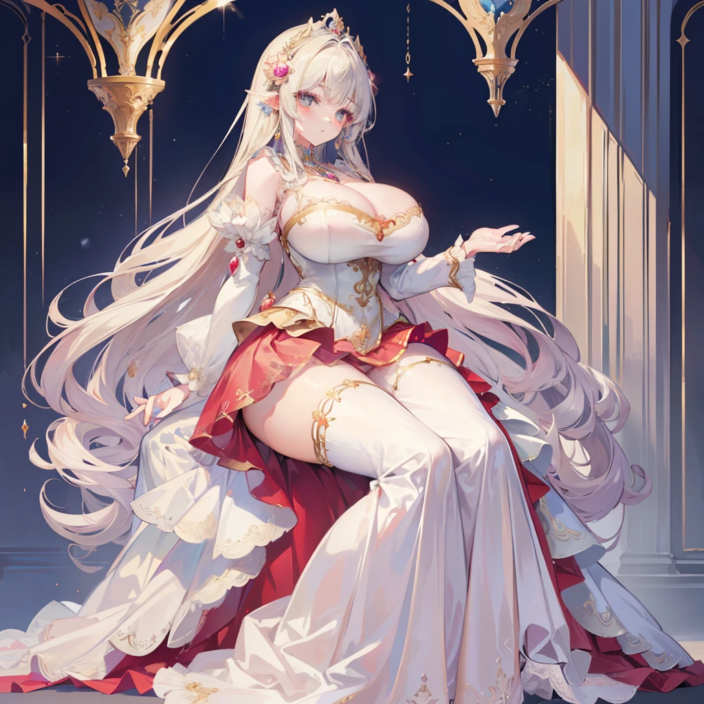 ((anime artstyle)),(Masterpiece),(Best Quality), (Super Detail),Illustration,((Very Delicate and Beautiful)),Focus on character,Dynamic Angle,Looking at viewer,((Solo)),standing,(((full body))),((one noble princess in gorgeous ball gown with voluminous skirt)),detailed face and eyes,jewel-like eyes,((Very Long voluminous Hair)),gorgeous embroidery and lace,See-through,ornate ruffles,Gorgeous jewelry ornaments,luxury hair ornament,luxury hair ornament,luxury tiara with jewels,(gigantic breasts,Long breasts),((gorgeous ball gown with voluminous skirt)),full body