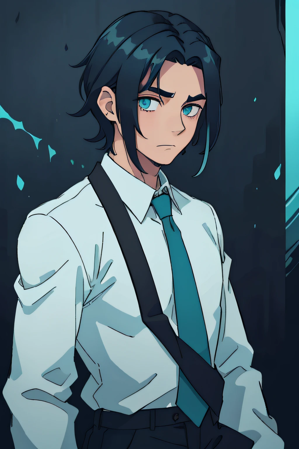 He has dark blue hair that borders on black his hair was shoulder lenght it was messy its also fade into aqua at the tips , his eyes are aqua green , medium build , Wearing a White suilt with a dark blue tie , 21 years old