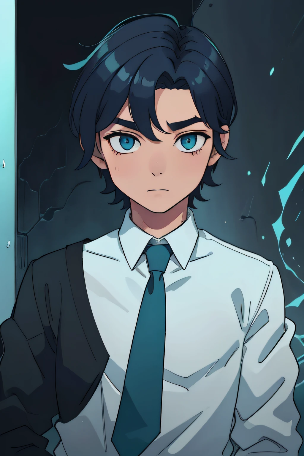 He has dark blue hair that borders on black his hair was shoulder lenght it was messy its also fade into aqua at the tips , his eyes are aqua green , medium build , Wearing a White suilt with a dark blue tie , 21 years old