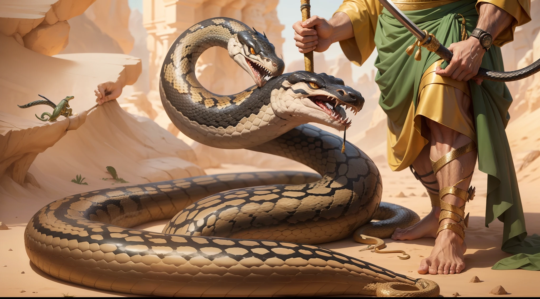 Focus and closeup of a man standing on the head of a snake, with feet crushing the head of a snake, a cobra tem 2 presas pingando veneno, foco no homem matando a cobra, An amalgam of a well, ben lo, anaconda, Well Art, epic biblical representation, cobra do deserto, Man killing snake with his spear, o bem vencendo o mal, homem mata a cobra, Sticks the spear in the snake's head, realistic depiction of a venomous and traitorous snake, foco no homem vencendo a luta contra a cobra, um homem guerreiro Deus, Biblical representation