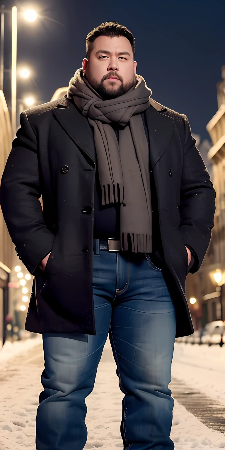 best quality, masterpiece, (photorealistic:1.4), (chubby beefy muscle strongman), solo, short hair, big eyes, black coat,scarf, jeans, full body, dramatic lighting, cowboy shot, looking at viewer, standing, outdoors, snow, cityscape, streets, buildings,