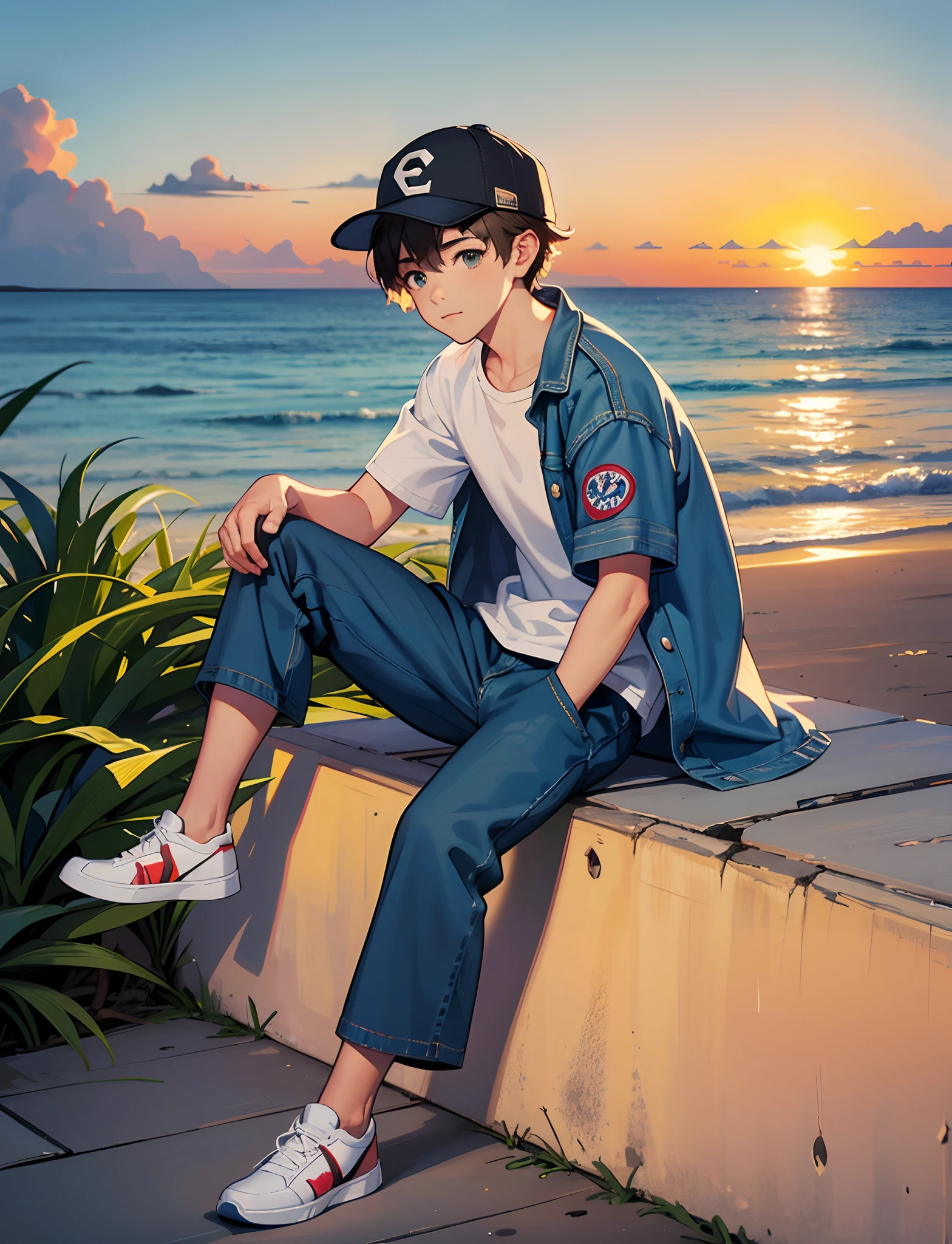 A young boy with，Wear a denim jacket，Wear sneakers，With a baseball cap，Sit on a reef by the sea，There are coconut trees on the beach，(Looking at the clouds in the sky)，The background is the sea，Sunset and sunset，Full body photo，Ultra-high definition