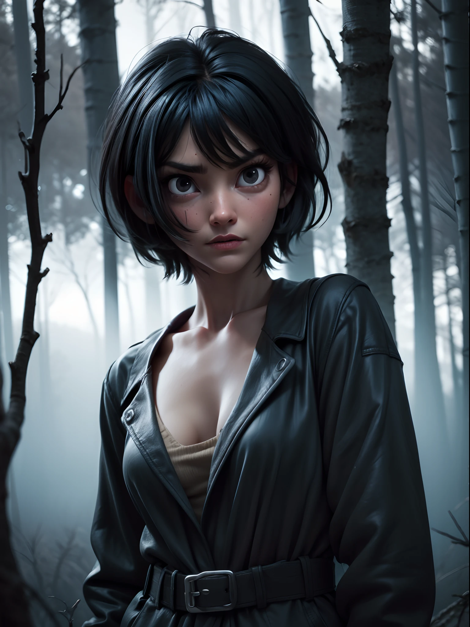 1girl, short black hair messy, black eyes, psycho look, gray haze around, peeking out upper body, dark forest, 16k