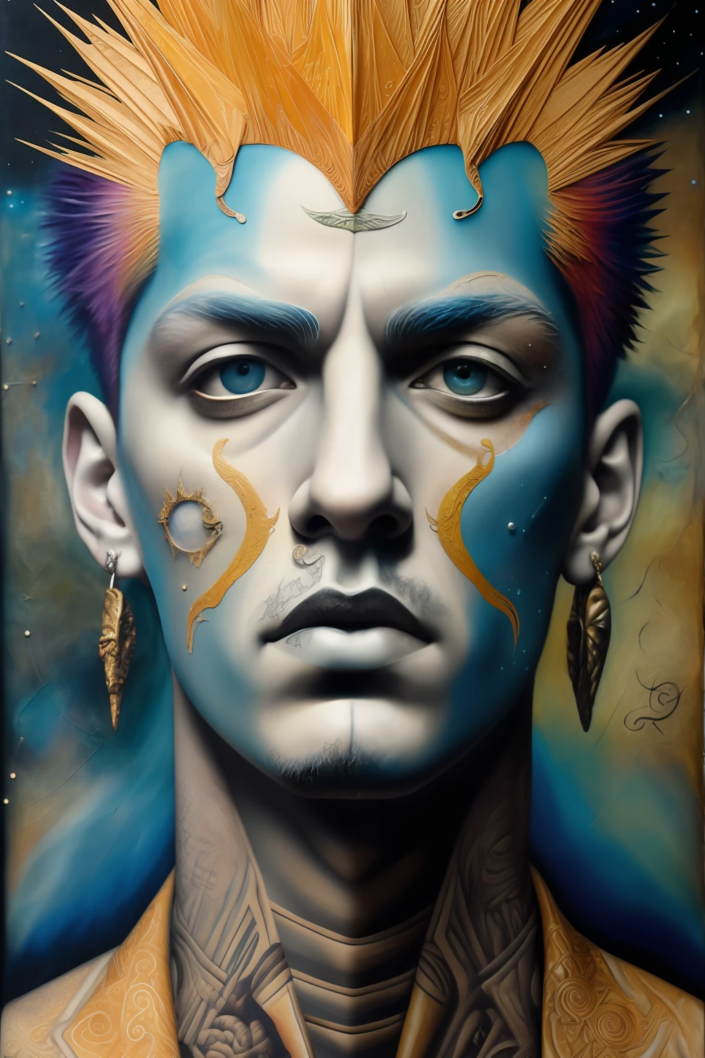 male celestial detailed and highly reliefed analogue mixed media collage with canvas texture in style of conteporary art, punk art, hyperrealistic beautiful face, photorealistic, expressionism, masterpiece, perfect composition, spectacular quality, intricate oil details