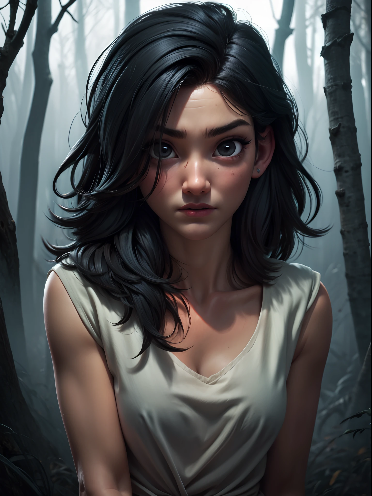 1girl, short black hair messy, black eyes, psycho look, gray haze around, peeking out upper body, dark forest, 16k