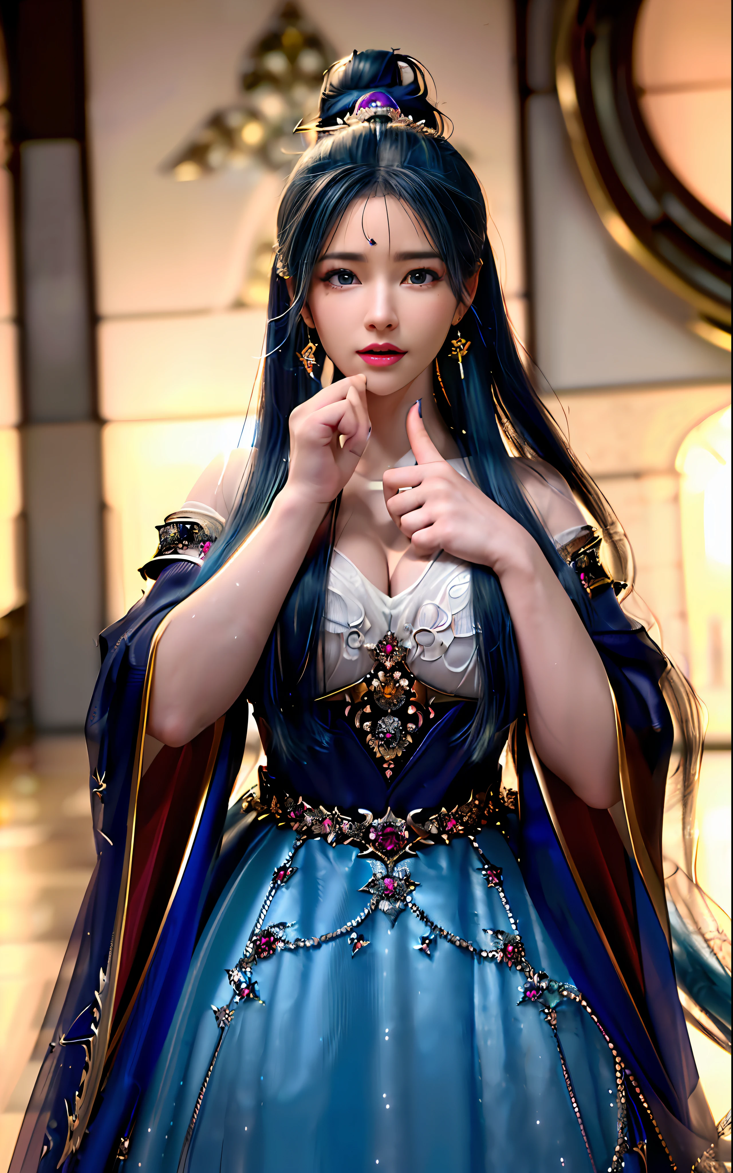 ((realisticity: 1.2)), ((realistic: 8K UHD)), ((best resolution: 8K UHD)), hyper detailed, best quality,masterpiece,highres,cg, ((1 girl hyper detailed and hyper realistic) ) , ((beautiful queen, hyper realistic and hyper detailed)),((white skin, beautiful, smooth, youthful, hyper realistic and hyper detailed )), ((Face hyper beautiful, white, hyper realistic and hyper detailed ) ), long hair, ((hyper realistic and hyper detailed dress)), solo, ((hyper realistic, hyper beautiful, beautiful and hyper detailed jewelry)), ((hyper beautiful deep red and golden yellow dress, hyper realistic and hyper detailed )) , ((Her pretty, hyper realistic, hyper detailed diamond filled earrings)), ((Her gorgeous diamond haircut, hyper realistic and hyper detailed)), ((hyper pretty upper body, hyper beautiful, hyper realistic and hyper detailed) ), ((medium breast: 1.1)), ((hyper realistic, hyper pretty, hyper detailed boobs)), ((the backgroun of the royal palace is hyper majestic, hyper realistic and hyper detailed)),((hands and palms hyper beautiful, hyper detailed, hyper realistic)), ((hyper detailed and hyper realistic fingers and fingernails)), ((hyper pretty fingernails, hyper vivid, hyper detailed, hyper realistic)), ((thumb, index finger, middle finger, ring finger, little finger hyper vivid, hyper pretty, hyper detailed, hyper realistic)),
((hyper beautiful fingers, hyper detailed, and hyper realistic)), ((posture not too fat and not too thin, hyper realistic, hyper detail)), ((hyper pretty, hyper pretty, hyper realistic and hyper detailed hair bun)), ((hyper pretty , hyper realistic and hyper detailed blue hair)), candid, Photo, high resolution, 8k , bokeh,