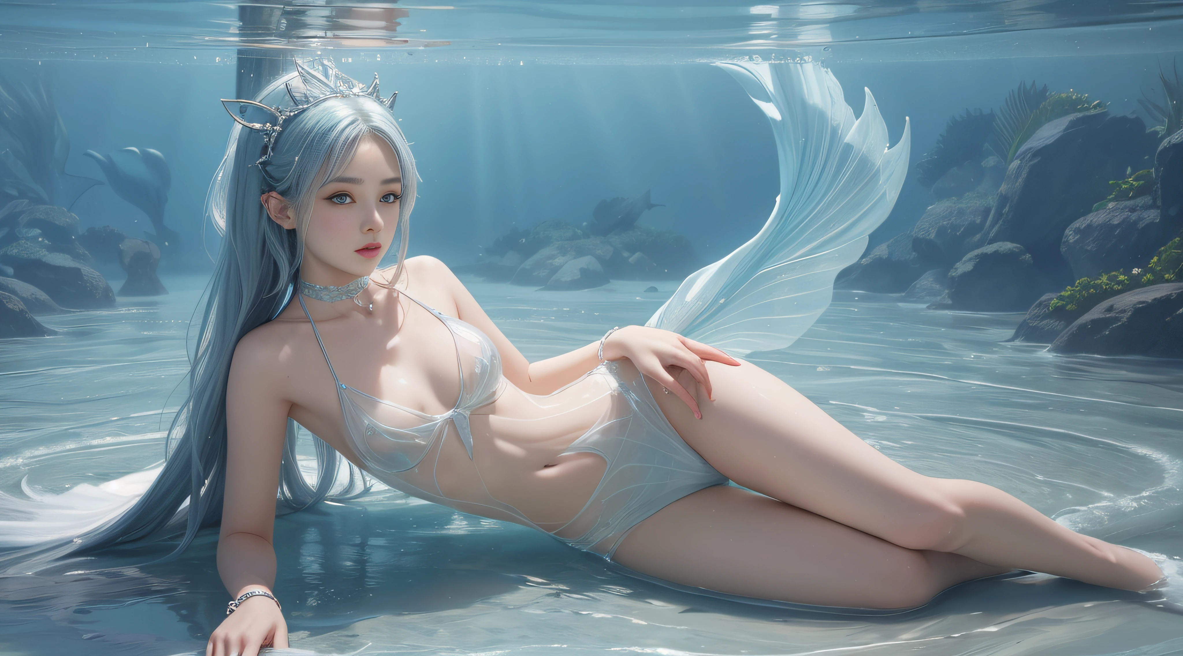 Ultra high quality,hyper-high detail,see-through transparent clothes,shallow water,Under the water,White theme,Mermaid costume,Mermaid tail,Bracelet,耳Nipple Ring,head gear,choker necklace,smallunderboob,