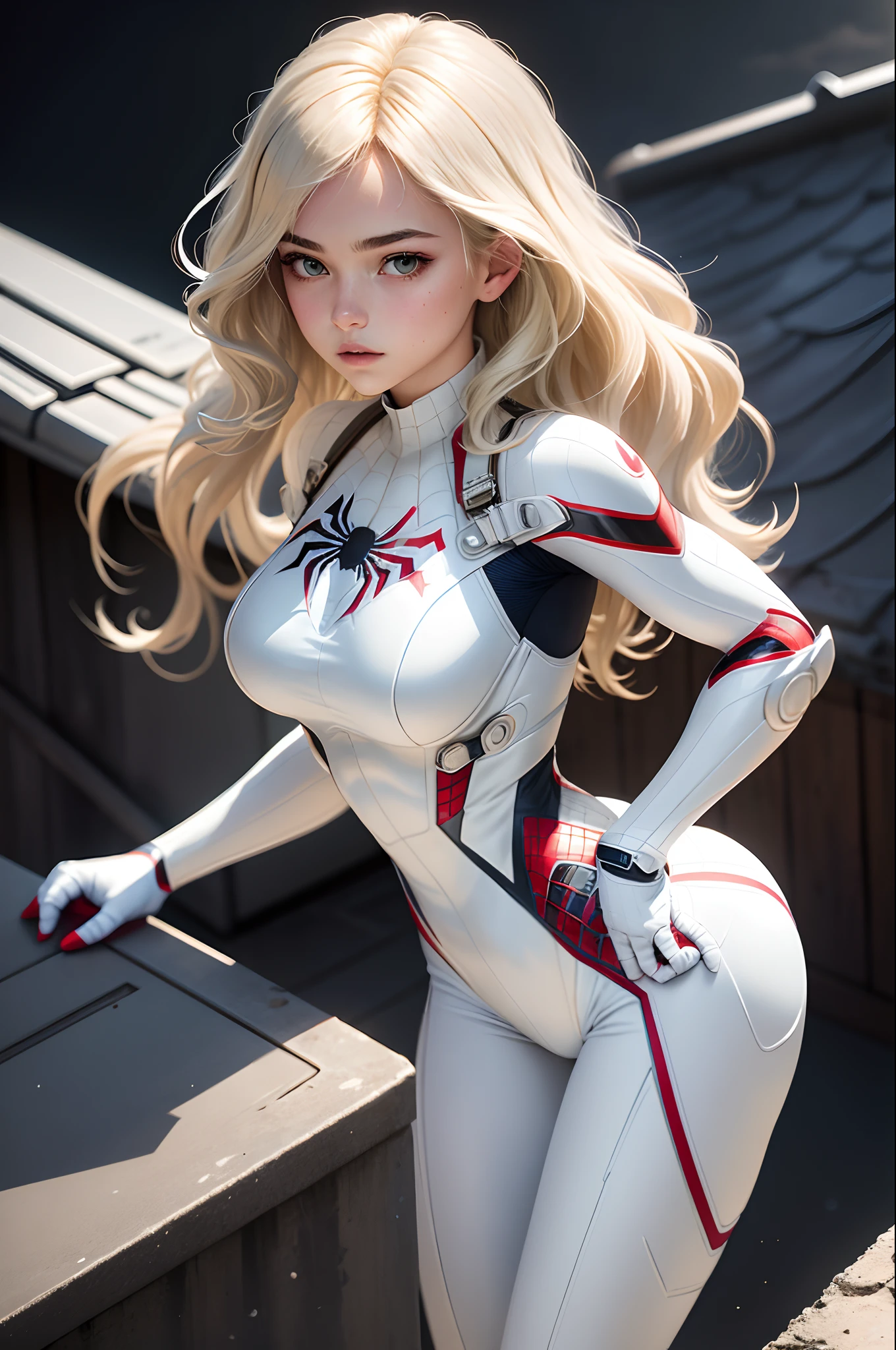 18yo Girl,White Spider-Man suit,short and wavy hair,blond hairbl,beautifulface,Sateen,the roof,tmasterpiece,exquisite detailing,the white tiger,Protruding cleavage breasts,Pubic hair shows through