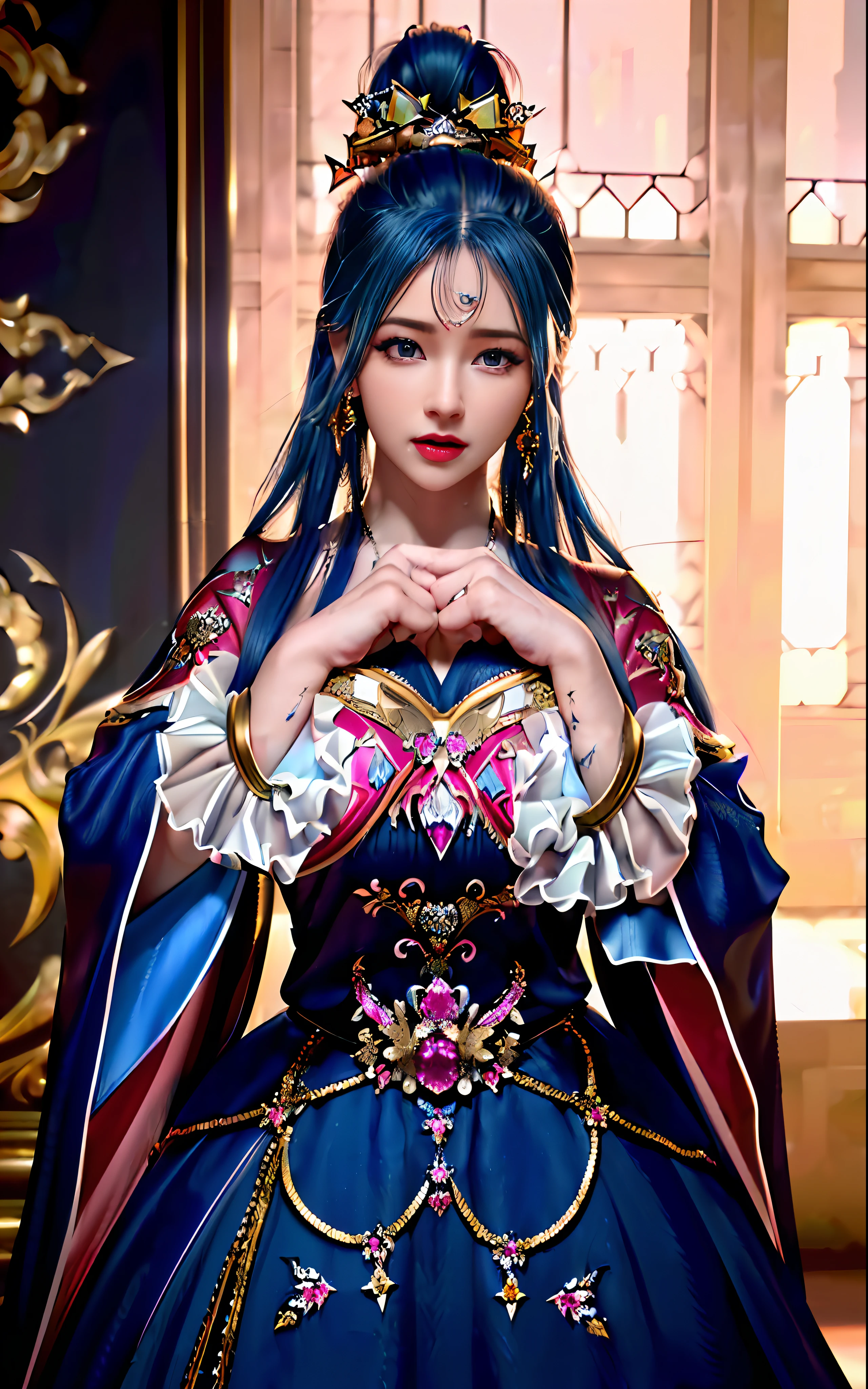 ((realisticity: 1.2)), ((realistic: 8K UHD)), ((best resolution: 8K UHD)), hyper detailed, best quality,masterpiece,highres,cg, ((1 girl hyper detailed and hyper realistic) ) , ((beautiful queen, hyper realistic and hyper detailed)),((white skin, beautiful, smooth, youthful, hyper realistic and hyper detailed )), ((Face hyper beautiful, white, hyper realistic and hyper detailed ) ), long hair, ((hyper realistic and hyper detailed dress)), solo, ((hyper realistic, hyper beautiful, beautiful and hyper detailed jewelry)), ((hyper beautiful deep red and golden yellow dress, hyper realistic and hyper detailed )) , ((Her pretty, hyper realistic, hyper detailed diamond filled earrings)), ((Her gorgeous diamond haircut, hyper realistic and hyper detailed)), ((hyper pretty upper body, hyper beautiful, hyper realistic and hyper detailed) ), ((medium breast: 1.1)), ((hyper realistic, hyper pretty, hyper detailed boobs)), ((the backgroun of the royal palace is hyper majestic, hyper realistic and hyper detailed)),((hands and palms hyper beautiful, hyper detailed, hyper realistic)), ((hyper detailed and hyper realistic fingers and fingernails)), ((hyper pretty fingernails, hyper vivid, hyper detailed, hyper realistic)), ((thumb, index finger, middle finger, ring finger, little finger hyper vivid, hyper pretty, hyper detailed, hyper realistic)),
((hyper beautiful fingers, hyper detailed, and hyper realistic)), ((posture not too fat and not too thin, hyper realistic, hyper detail)), ((hyper pretty, hyper pretty, hyper realistic and hyper detailed hair bun)), ((hyper pretty , hyper realistic and hyper detailed blue hair)), candid, Photo, high resolution, 8k , bokeh,