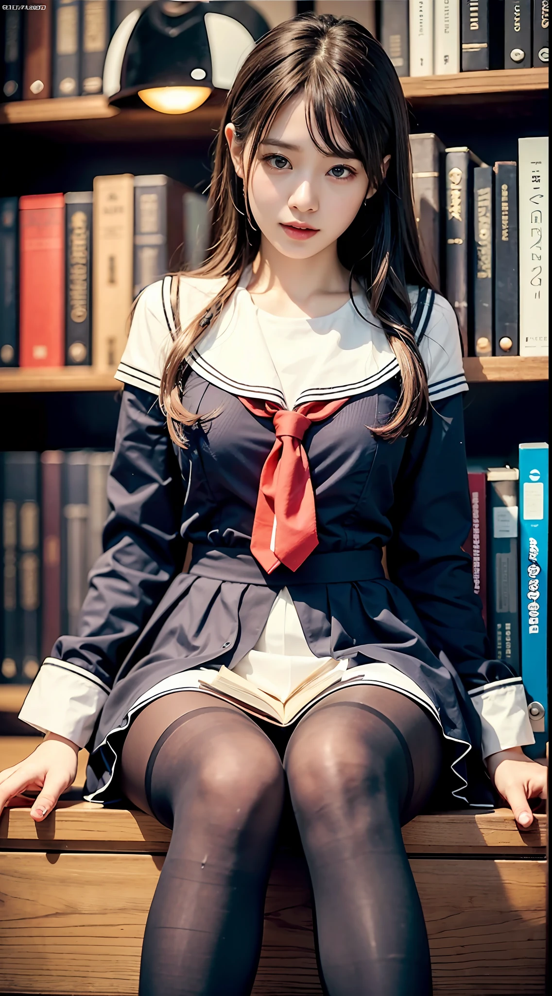 Real schoolgirl with honor to read books in library with bookshelves、Wearing a seraph、Wearing pantyhose、Sailor Clothing、raw,(8K、top-quality、masterpiece:1.2)、(intricate detailes:1.4)、(Photorealsitic:1.4)、octane renderings、Complex 3D rendering ultra detail, Studio Soft Light, Rim Lights, vibrant detail, super detailing, realistic skin textures, Detail Face, Beautiful detail eyes, Very detailed CG Unity 16k wallpaper, make - up, (detailedbackground:1.2),shinny skin、Exposed thighs!!!