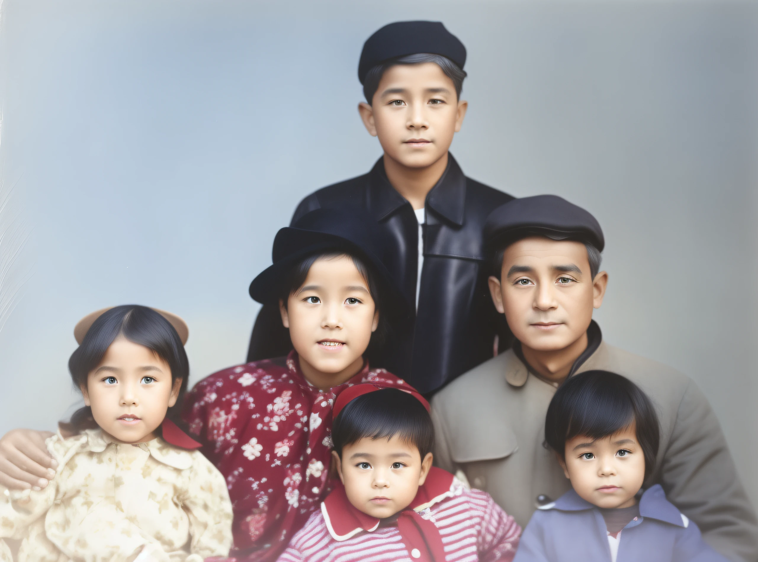 In the middle sat an old couple,The old man wore a hat,In front are three small children,At the end was an older child,Wear leather clothing,The picture is natural in light and shadow,The overall picture is clear,The background is clean and smooth