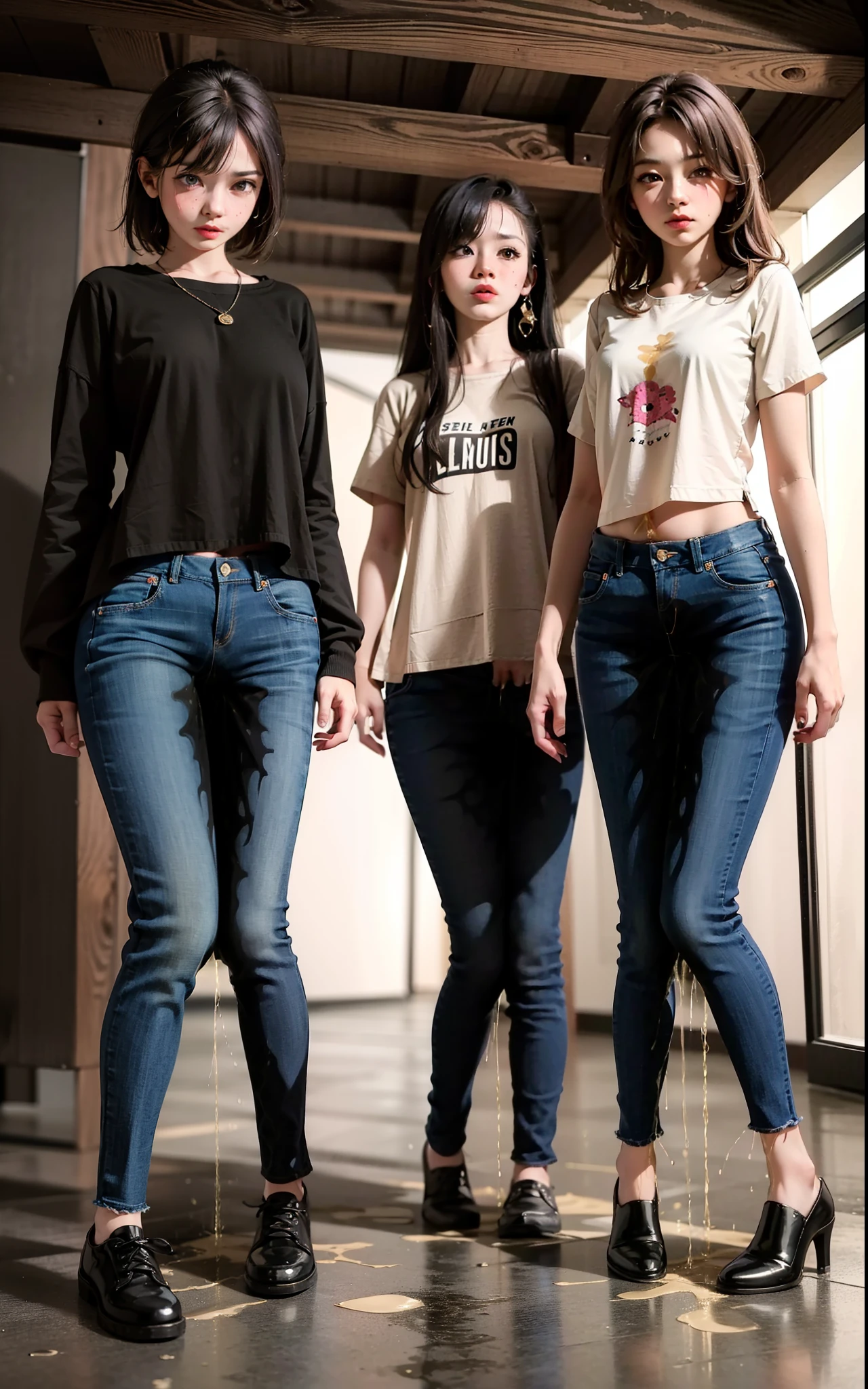 masterpiece, 8K, realistic, highly detailed, highres, best quality, detailed face, (3girls), 20 years old, blue jeans pants, full body, blush, worried, park, ((((((pee stain))))))