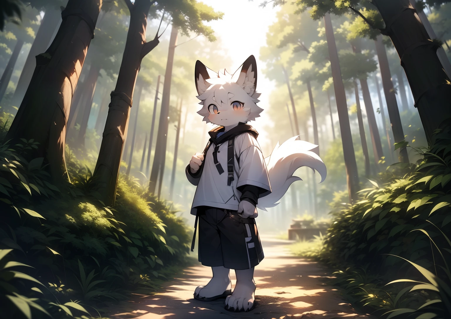 Libido boy，furry wolf，((Shota)), Black and white hair, Very good figure, Handsome，adolable, Light：Extreme light and shadow, Reflective skin,Reddish skin，((worn-out clothing，Commoner)) ，((Deep in the forest，Stone path，Signs，独奏，solo person))，Outdoor sunset，((the detail))，（depth of fields），standing on your feet