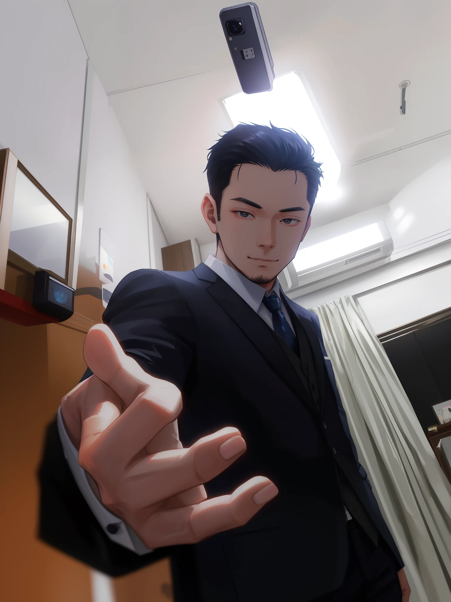 There was a man in a suit and tie reaching for the camera, selfie shot straight on angle, Pointing at the camera, xintong chen, 8k selfie photograph, with fingers, wenjun lin, taken on go pro hero8, shot on gopro9, yihao ren, Chen Zezhou, Very, very high quality pictures, blurry image