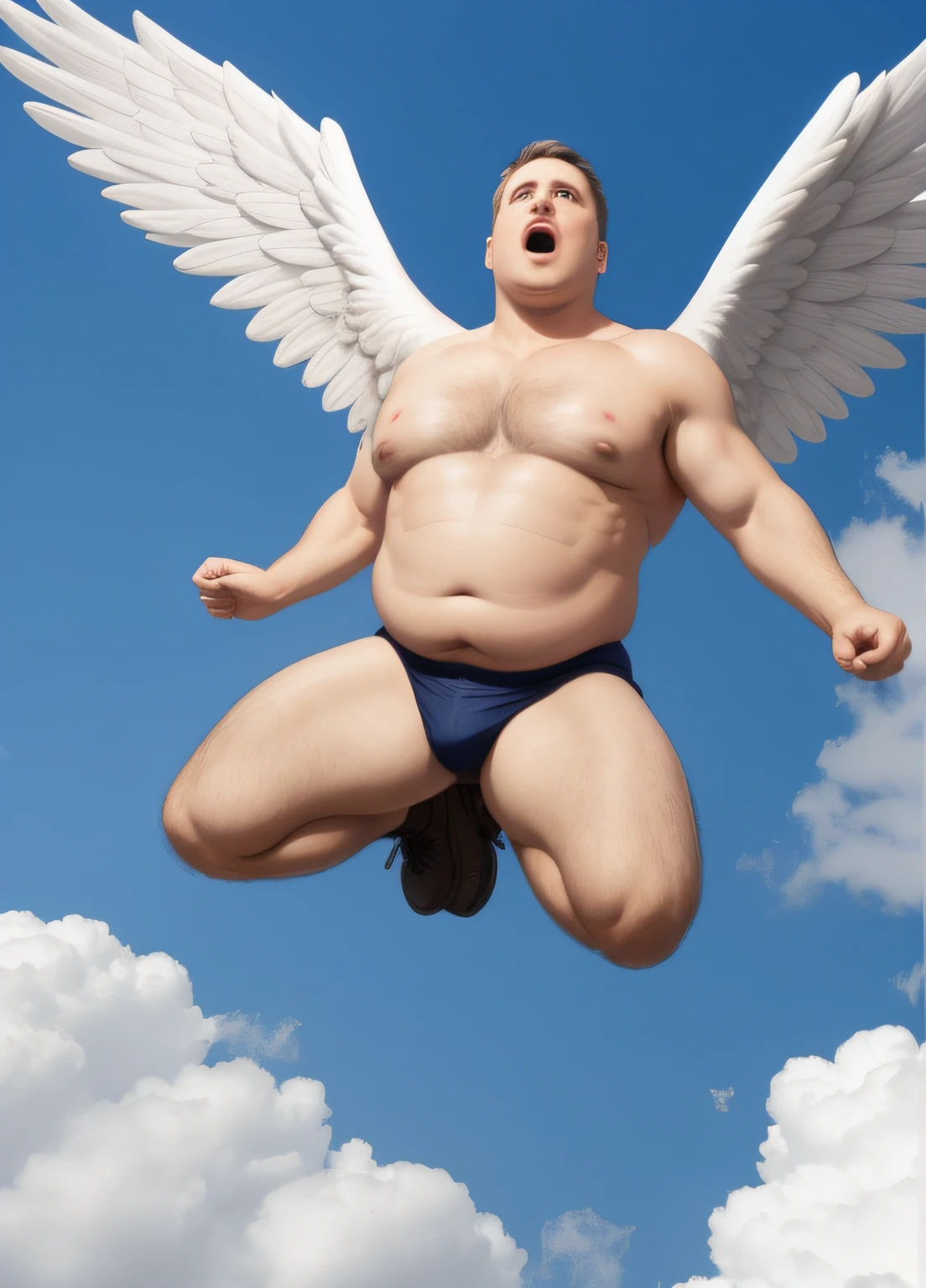 Male angel flying in the air,slightly fat big breasts