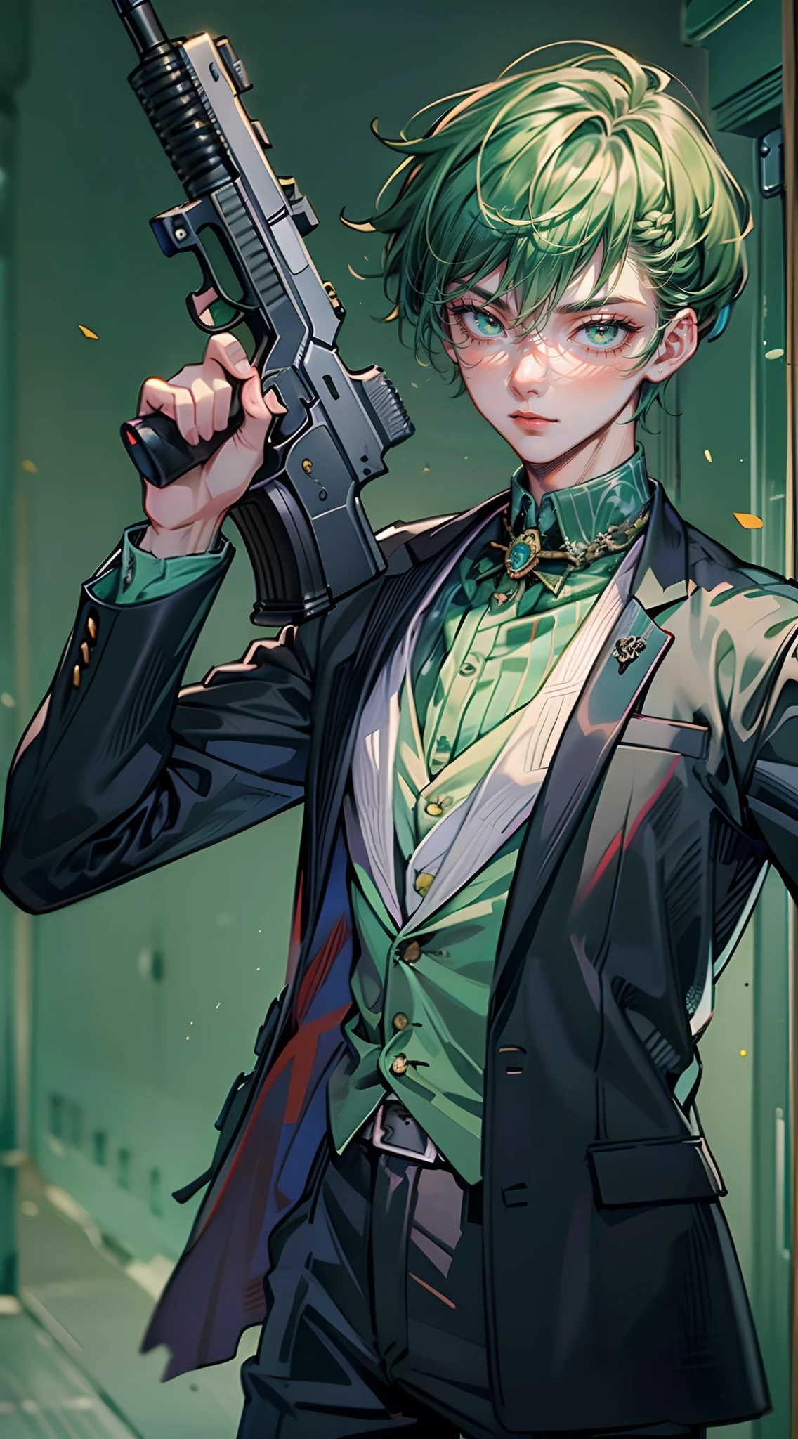 ((Masterpiece: 1.4, Best Quality)), ((Masterpiece, Best Quality)), short green hair and big eyes, 19 year old young man, delicate hair, serious, suit, arm outstretched gun, dark atmosphere