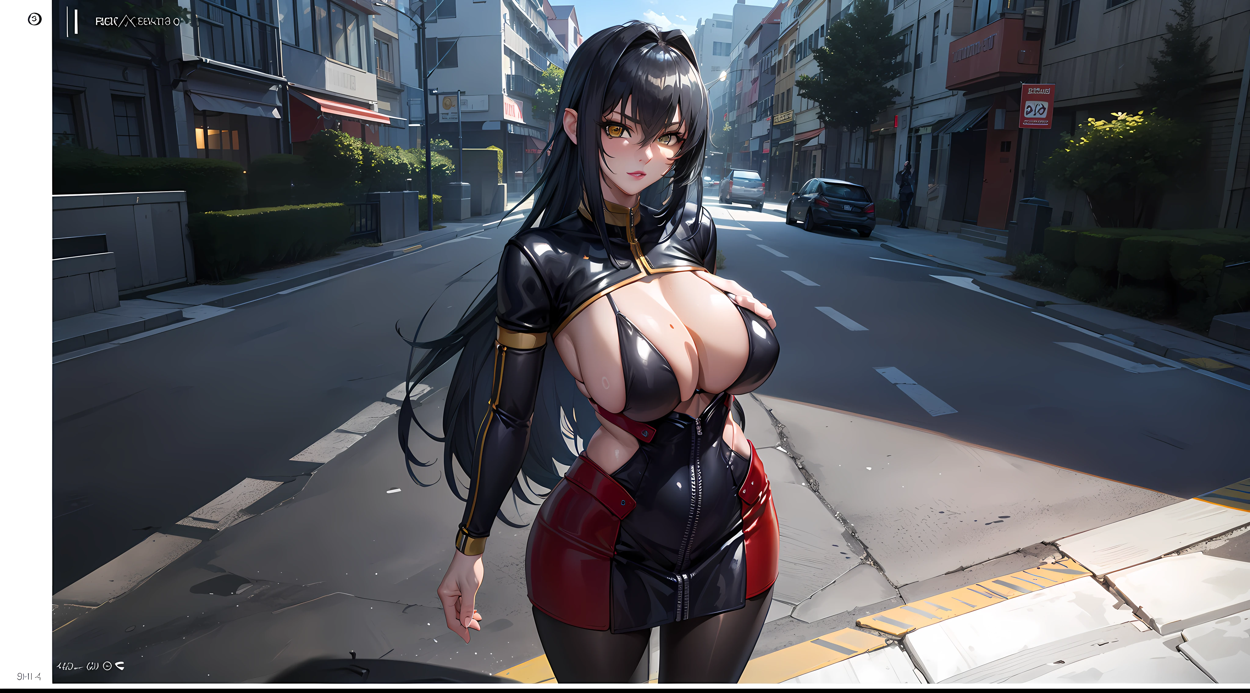 professional artwork, Intricate Details, field of view, sharp focus, detailed painting, photorealistic lighting, trending on pixiv, Standing at attention, black outfit ,yellow collared shirt,black and red bodysuit,skin_tight,black legwear, black pantyhose, Side_boob, black hair,very long hair, Bangs,yellow eyes,makeup, lipstick, 35yo,mature female,Beautiful Finger,Beautiful long legs,Beautiful body,Beautiful Nose,Beautiful character design, perfect eyes, perfect face, looking at viewer,official art,extremely detailed CG unreal engine 8k wallpaper, perfect lighting,Colorful, Bright_Front_face_Lighting, (masterpiece:1.0),(best_quality:1.0), ultra high res,4K,ultra-detailed, photography, 8K, HDR, highres, absurdres:1.2, Kodak portra 400, film grain, blurry background, (Beautiful,large_Breasts:1.4), (beautiful_face:1.5),(narrow_waist), (solo:1.4), ((landscape dimension)), rich detailed makeup, rich detailed eyeshadow, rich detailed lips, rich detailed lipstick, beautiful detail eyes