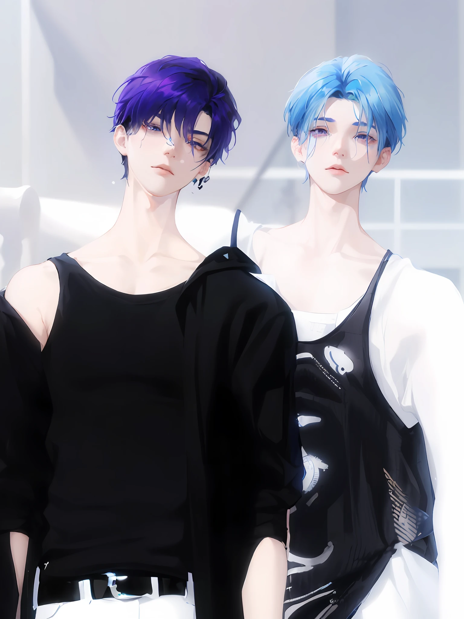 Two women with blue hair and black tops are standing next to each other, inspired by Sim Sa-jeong, nixeu and sakimichan, Inspired by Wang Duo, detailed punk hair, focus on two androids, Morgoth, inspired by Bian Shoumin, Virtual Self, looking this way, inspired by Gang Se-hwang, inspired by jeonseok lee, Tumbler