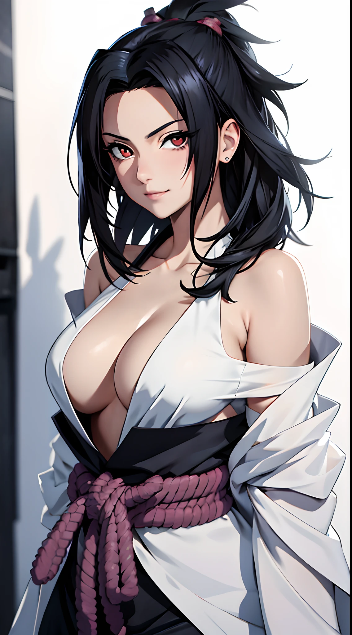 tmasterpiece， Best quality at best， 1girll，(waistup:1.5) ，sasuke， Large breasts，Off-the-shoulder attire，（cleavage)，（upperbody closeup)，Raised sexy，is shy，ssmile，Black hair， （Black eyeballs:1.4)， exteriors