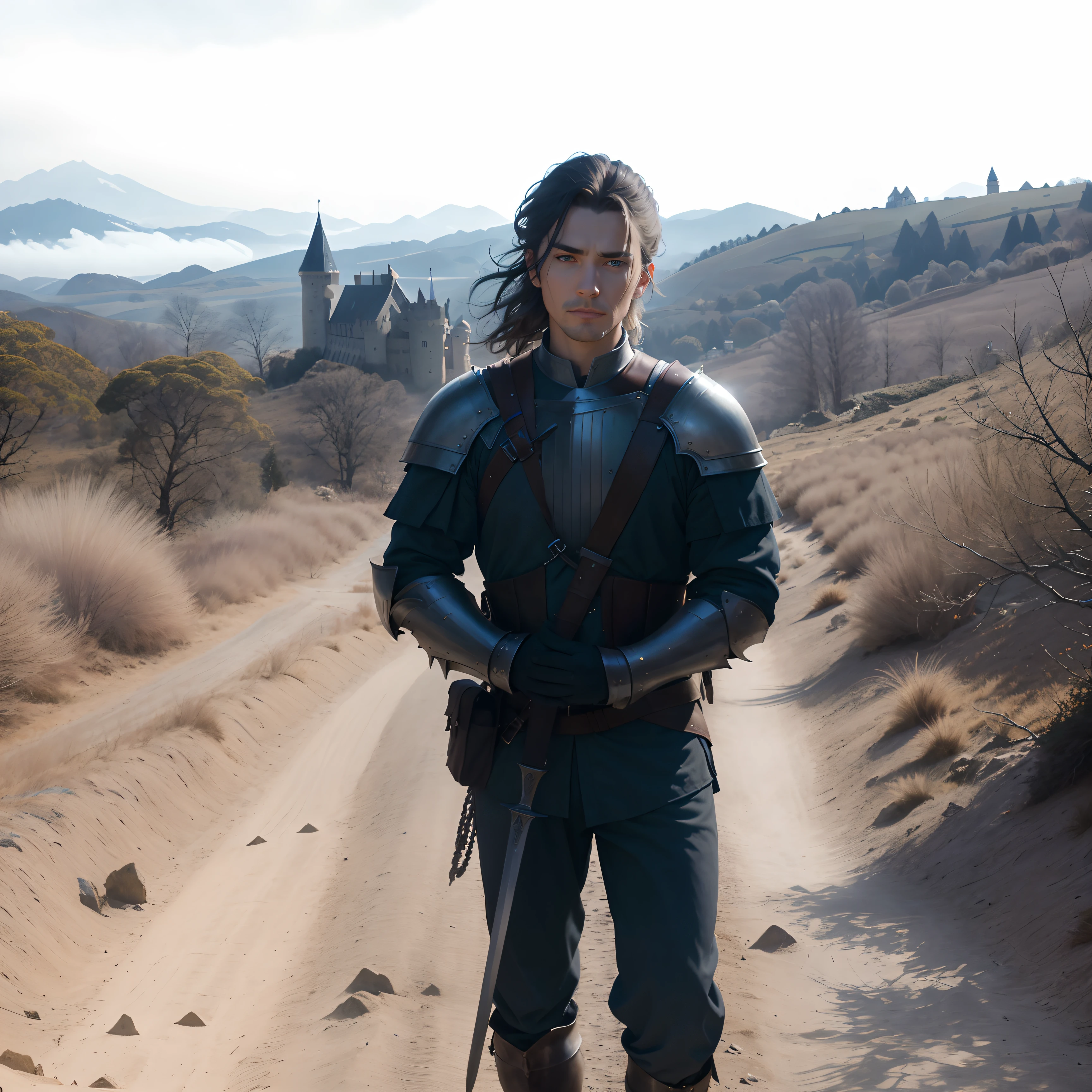 Portrait photo of the medieval fantasy character Paladin，Realiy，Behind it is a tall cedar forest，Castle in the distance，Caleb played by Alsen Lupin，Attractive male standing on dirt road in armor，It gives the feeling of a still from a fantasy movie，Highlight the heroism of key characters。