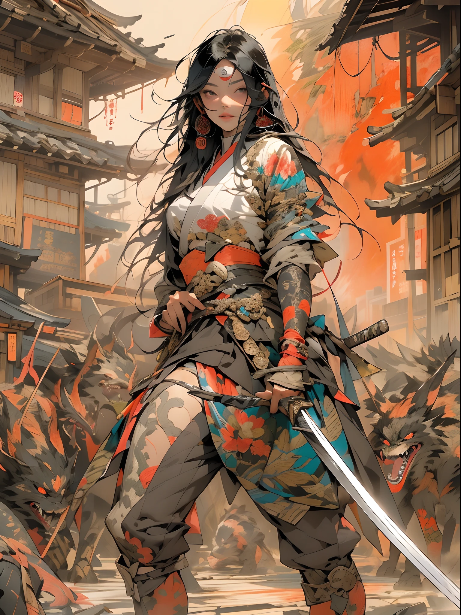 (((mulher))), (((melhor qualidade))), (((obra prima))), (((adulto))), ((( Japanese ))), view from the knee up, A beautiful Asian samurai woman with perfect body, Samurai Moderno, ((( Asian))), Hand with gloves and protection on the left arm made of steel and metal tips, olhos puxados, (( parte de baixo dos peitos aparecendo )), (( Tiny floss )), almost naked in Simon Bisley's urban wilderness style for a high-resolution poster, cabelo liso, Minimum clothing, armadura (roupas loucas ), cheio de pontas e rebites, tatuagem tribal, (((corpo inteiro))), cabelo preto liso com as pontas coloridas, Symbol of the rising sun