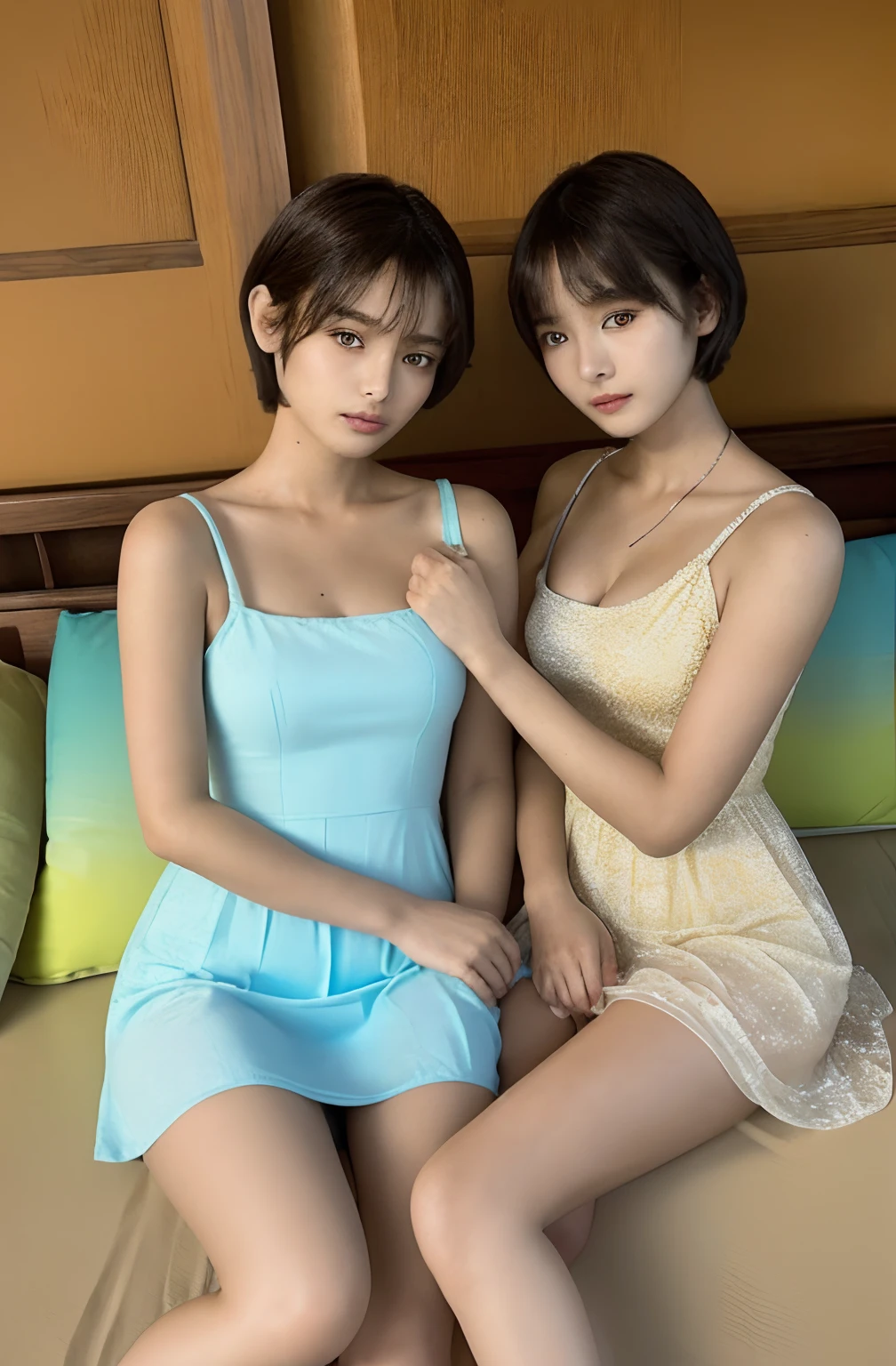 Best Quality, masutepiece, (Photorealistic:2), Ultra High Resolution, Highly detailed, A hyper-realistic, 1girl in, ((head phone)), (Longer dress), Floral pattern, colourfull_hair、(((very_Short_hair))), Short hair, Slim body, Full Shot, Looking at Viewer, ((Music Studio)), Bright atmosphere, spot light, Detailed background