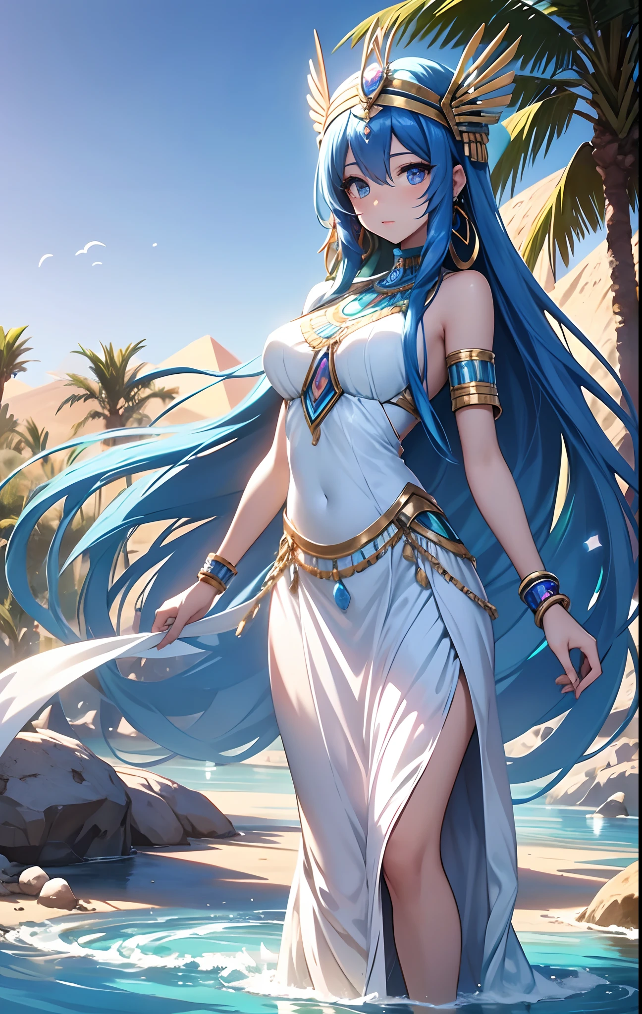 best qualityer,tmasterpiece,Ultimate resolution,downy,Extremely colorful,Colorful,Oasis background,Ancient Egyptian woman,Long azure hair,a matural female,Long white dress in Egyptian style,a white long skirt,Treading water,Desert oasis,Nile River,Normal posture