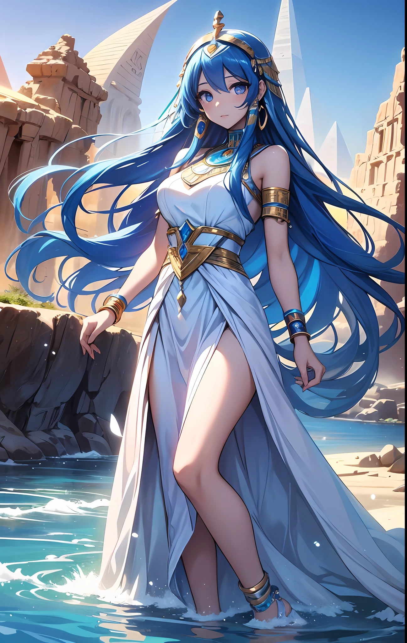 best qualityer，tmasterpiece，Ultimate resolution，downy，Extremely colorful，Colorful，Oasis background，Ancient Egyptian woman，Long azure hair，a matural female，Long white dress in Egyptian style，a white long skirt，Treading water，Desert oasis，Nile River，Normal posture