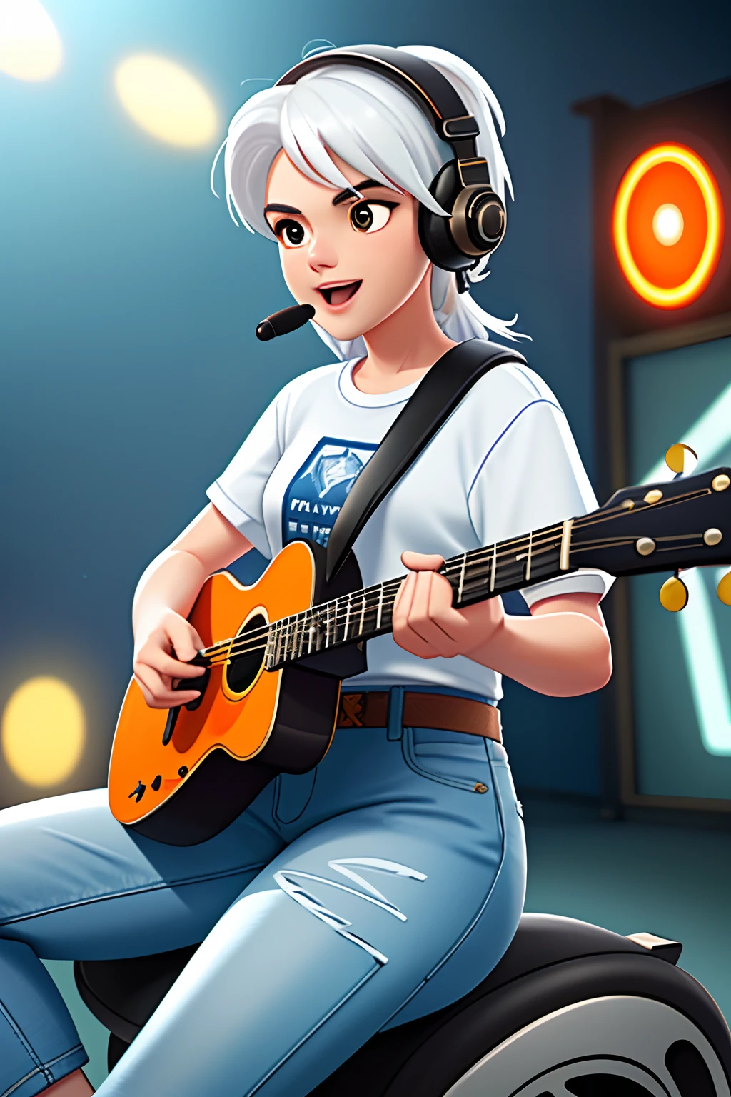 a pregirl,Sitting on a motorbike，Holding the guitar,With a headset,Singing,The stage lighting is rich in color，White hair,Orange and loose-fitting clothing,denim pant,tmasterpiece,Cinematic effects Detailed details，Official 4k,Depth of field effect,depth of fields,blurryforeground，The background is blurred out