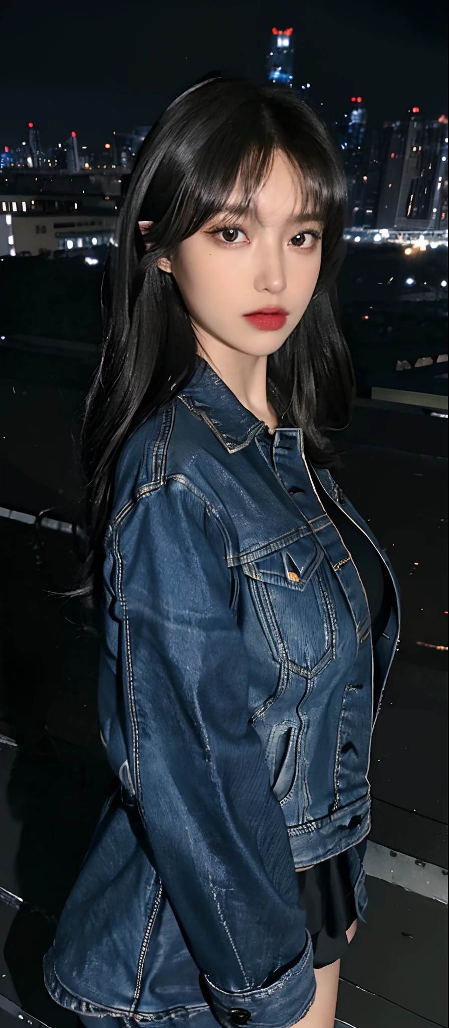 ((Midnight, Best quality, 8k, Masterpiece :1.3)), (close up), Sharp focus, A pretty woman with perfect figure, ((black hair, Big breasts)), (denim jacket, short skirt, Standing), ((Night city view, Rooftop)), Highly detailed face and skin texture, Detailed eyes, Double eyelid,