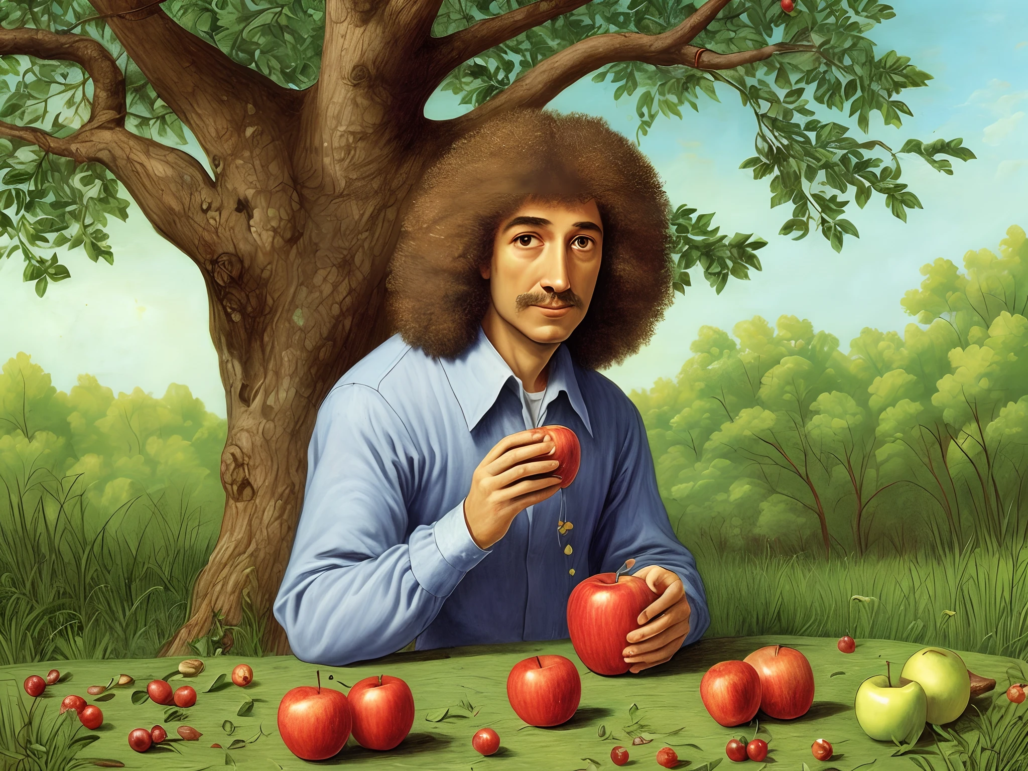 issac newton eating apple that fell upon him from the tree --auto --s2
