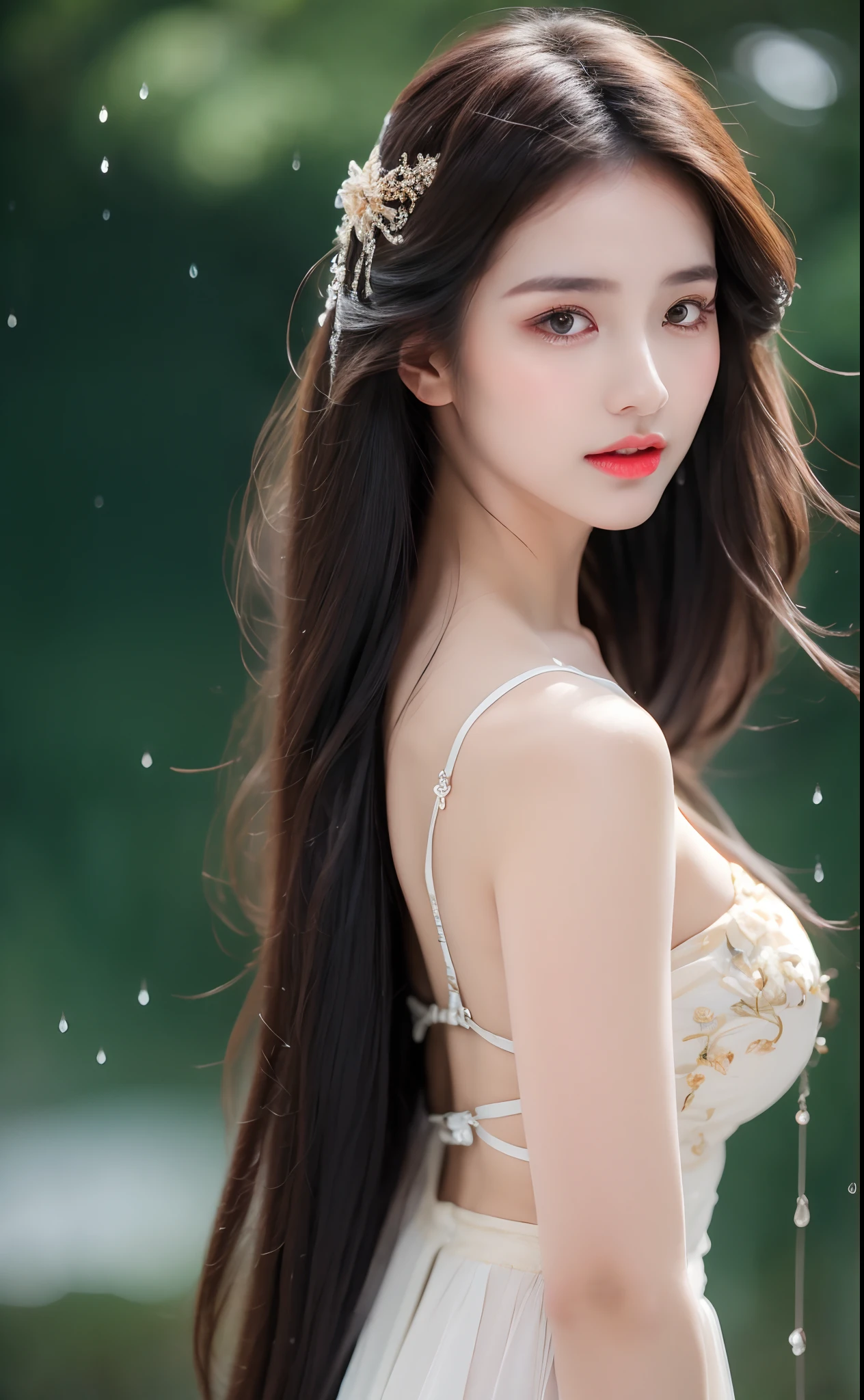 ((Best Quality, 8k, Masterpiece: 1.3)), Focus: 1.2, Perfect Body Beauty: 1.4, Buttocks: 1.2, ((Layered Haircut)), (Wet Clothes: 1.1), (Rain, Street:1.3), (Breasts: 1.2), (Hanfu: 1.2), Bare Shoulders, Bare Legs, Highly Detailed Face and Skin Texture, Fine Eyes, Double Eyelids, Whitened Skin, Long Hair, (Shut Up: 1.5), (Bokeh Background: 1.5), Big Breasts