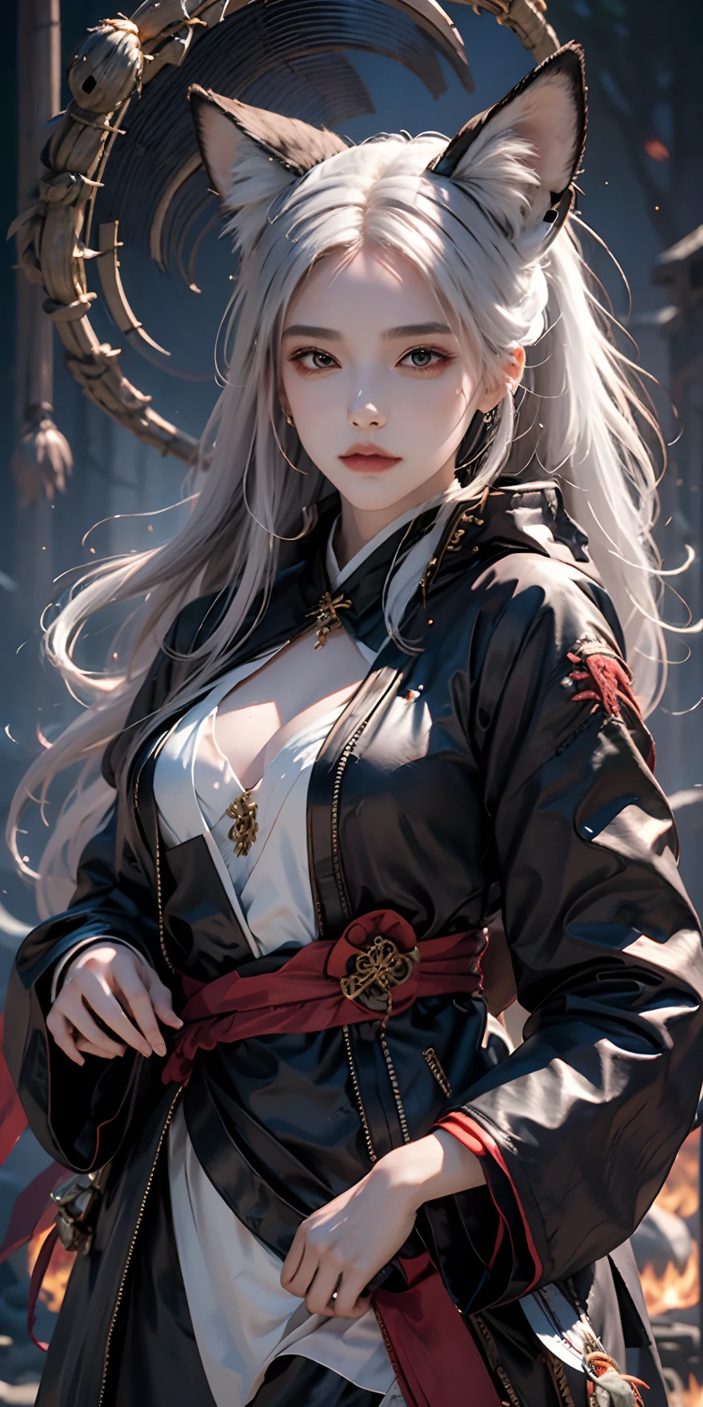 1girl,solo, official art, unity 8k wallpaper, ultra detailed, beautiful and aesthetic, beautiful, masterpiece, best quality, Kitsune witch, fox mask, haori jacket, foxfire spell, fox familiar, transformation,depth of field,