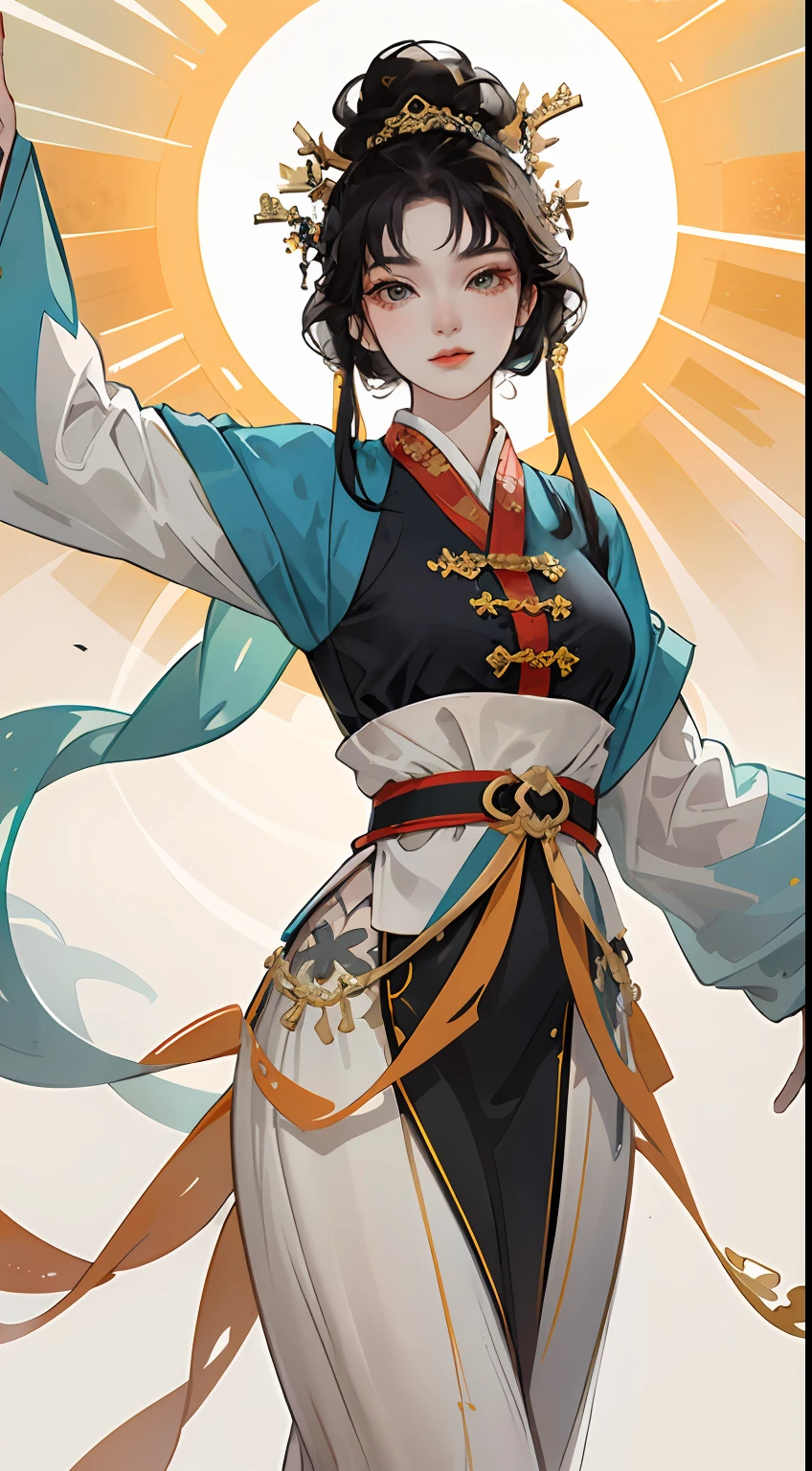 A girl, ancient Chinese costume, whole body, sunshine, clear face, clean white background, masterpiece, super detail, epic composition, ultra HD, high quality, extremely detailed, official art, uniform 8k wallpaper, super detail, 32k, ((blunt bangs)), extremely detailed character, detailed lips, dark blue hair, (((empress)))