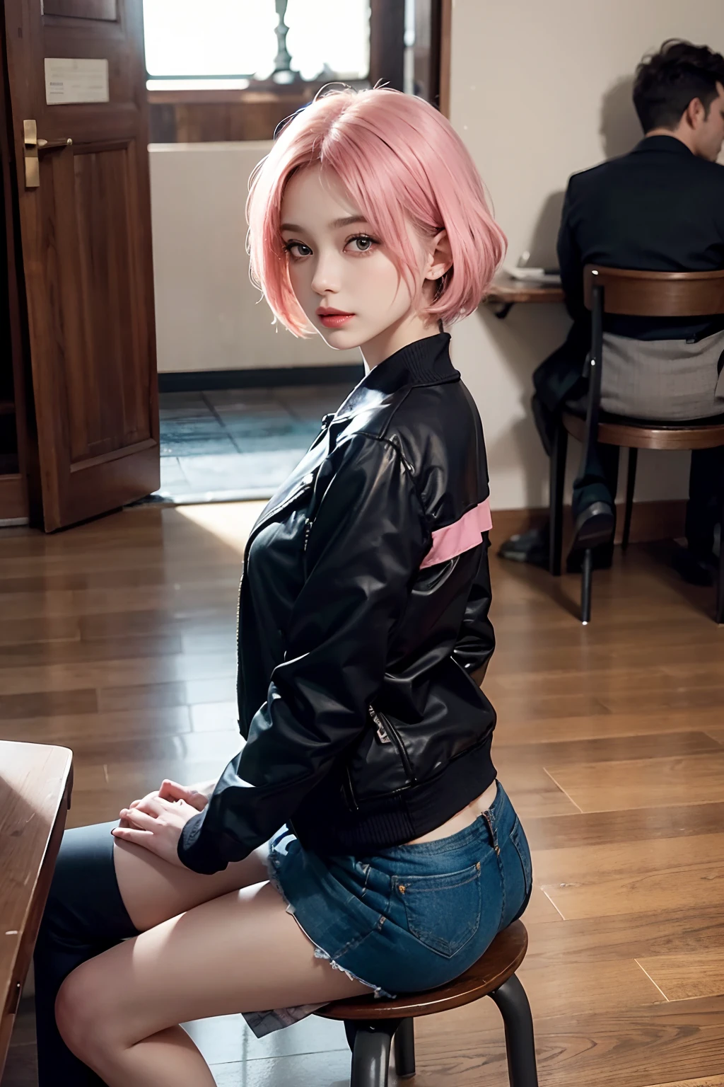 ((masuter piece)), ((top-quality)), (super detailing), ((High Detail)), 4K, (8K), Top image quality, (Beautiful fece), photos realistic, absurderes, Dating style, Pink hair、short-hair、耳Nipple Ring、Black jacket jacket, Black miniskirt, Satisfied look, Natural beautiful light, Pretty beautiful woman、cafes、sit a chair、looking at viewert