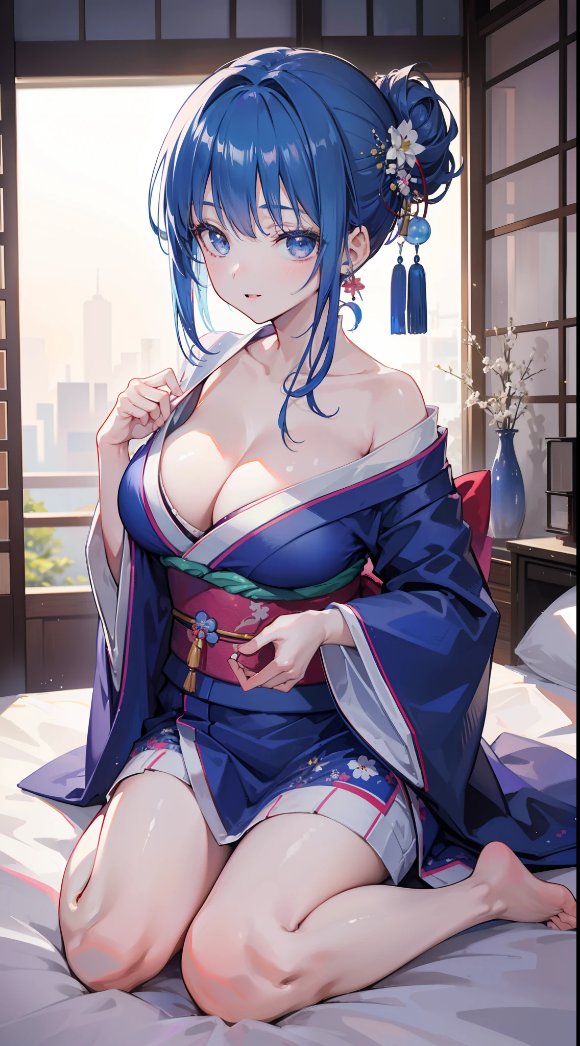 (1girl:1.1), solo focus, looking at viewer, (a 26-year-old girl in a kimono:1.21), wa maid, blue hair, gradient hair, japanese clothes, :d, undressing, (lie in bed:1.21), half updo, earrings, (cleavage:1.1), comic, traditional media, happy, (celebration:1.1), large breasts, fireworks, dating, youth, confession, side backlight, Hasselblad, 85mm, f/2.8, Eye-Level Shot, backlighting, ray tracing, blurry, blurry, cinematic lighting, ray tracing, motion blur, chiaroscuro, super detail, high details, high quality, textured skin, anatomically correct