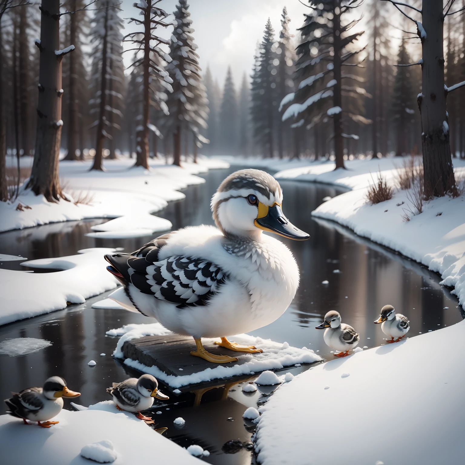 There is a gray duckling with white, in the middle of the frozen forest, winter season