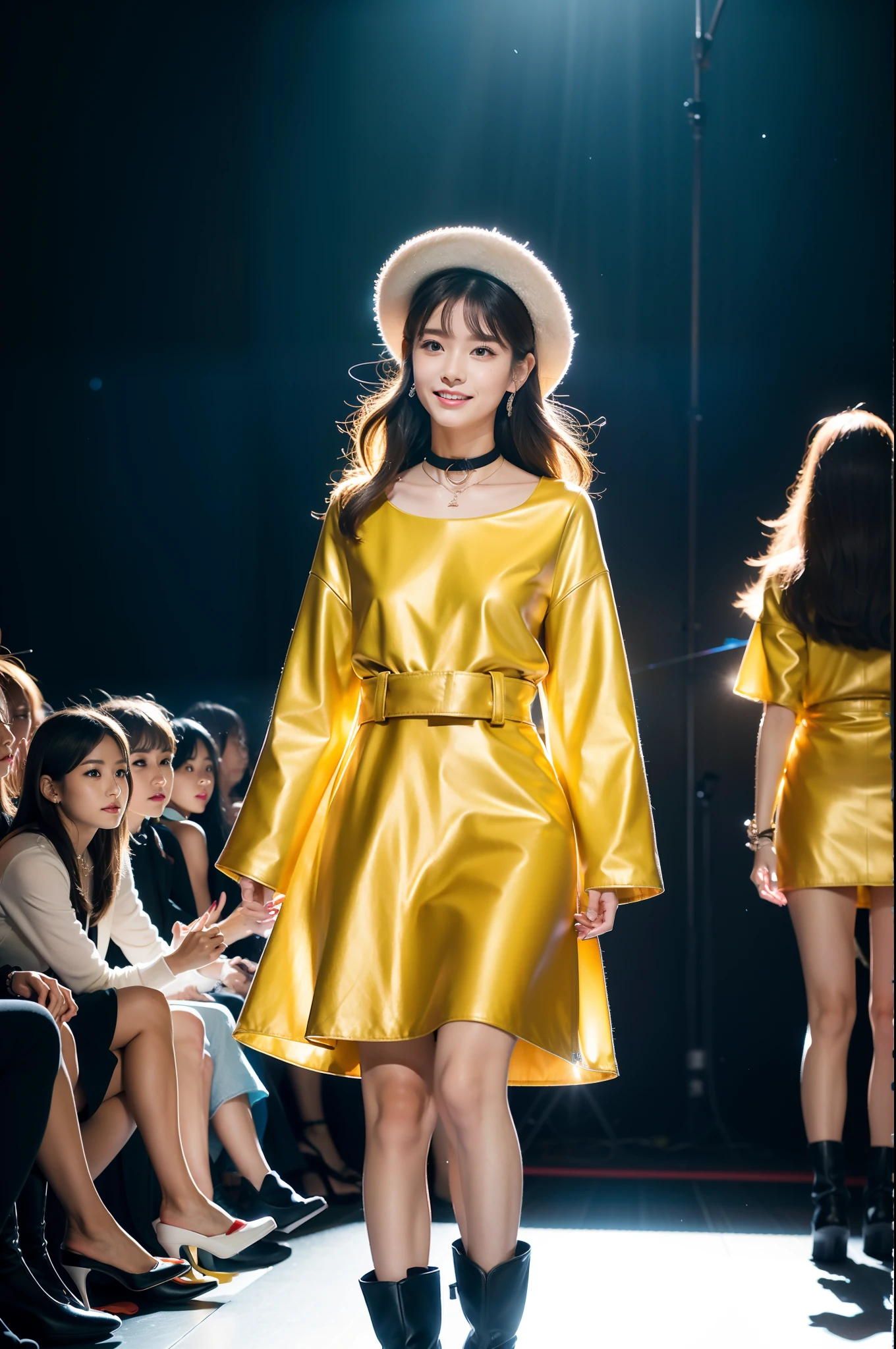 (8K分辨率,Full body photo in the distance,Photo of the upper body of the legs,Realistic wallpapers),(1 female,18yr old,(The facial features of the Anhui small room:1.6,Wide skeletal cheeks,s delicate face),com rosto detalhado,(Delicate Japanese makeup,Stage pop makeup),Lovely face,com rosto detalhado,详细的脸,Ultra-fine makeup,Black colored eyes,(Look into the distance),Long gradient brown hair,(By bangs,Messy has layers),Redlip,Fair smooth skin,(Best Skin Type:1.21),mediuml breasts,(Summer floral dress,wind coat,Sun hat,choker necklace,Leather boots),Tall and tall,The action of flying kisses,perfect hand,Ultra-fine clothing material),(Stage catwalk,Interlaced models,Exquisite stage details,(Vista view of the catwalk,Outdoor catwalk,Tokyo fashion show,neonlight,There were a lot of spectators in the audience,Model on the catwalk)),(exhilarated,confident smile,Rejoice),(Various stage lighting assistance,profesional lighting,动态照明),((Color contrast,subtle sensuality,vivaciousness,rays of sunshine(golden colored,white colors,greys,black in color))),(Golden section,Cinema lenses,Dynamic shots,Hasselblad photograp,tmasterpiece:1.3),(adolable,rays of sunshine,vivaciousness,Petite and lovely,dream magical,Little woman,trendsetting,Street style,Artis,Art platform)