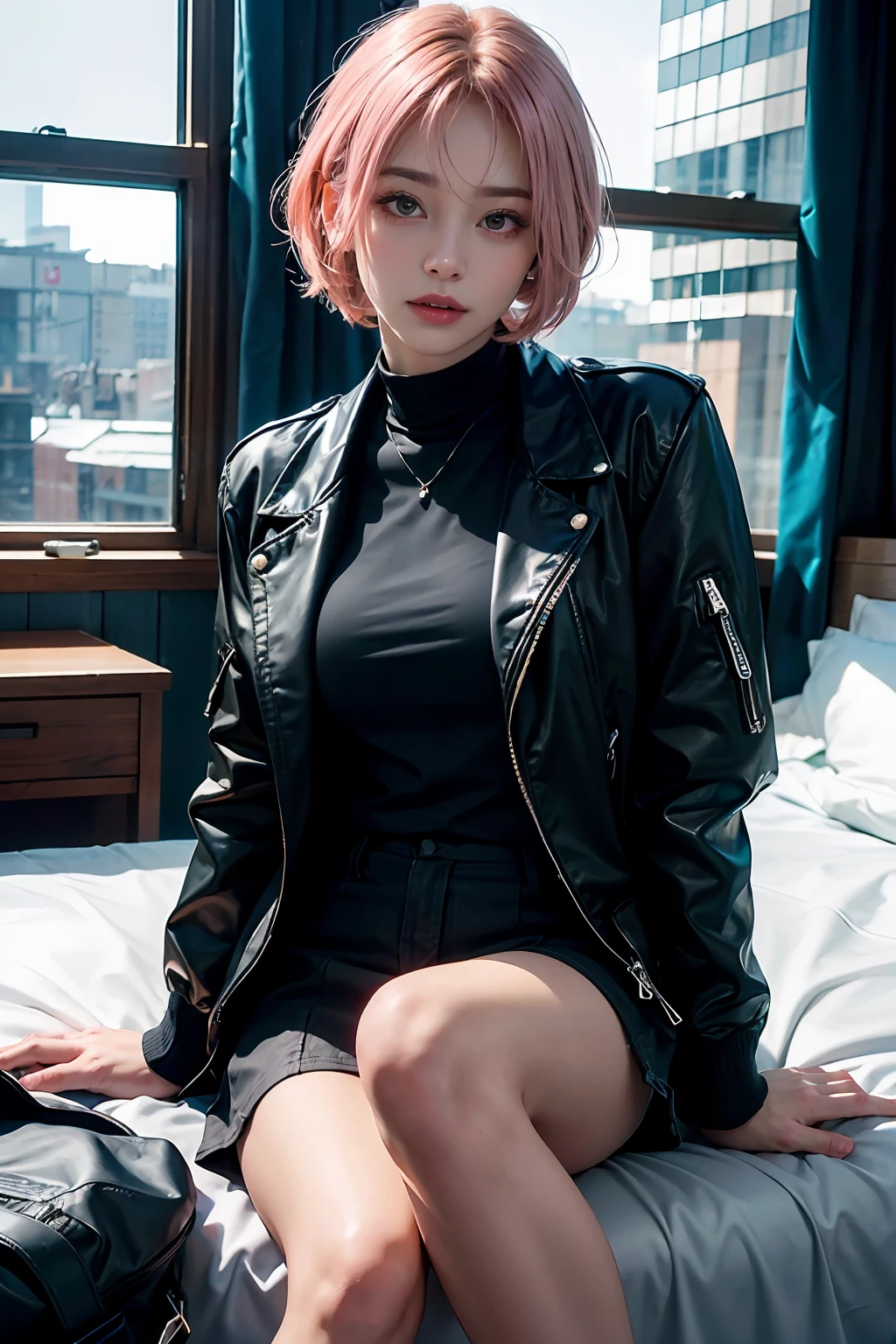 ((masuter piece)), ((top-quality)), (super detailing), ((High Detail)), 4K, (8K), Top image quality, (Beautiful fece), photos realistic, absurderes, Dating style, Pink hair、short-hair、耳Nipple Ring、Black jacket jacket, Black miniskirt, Satisfied look, Natural beautiful light, Pretty beautiful woman、hotels room、looking at viewert
