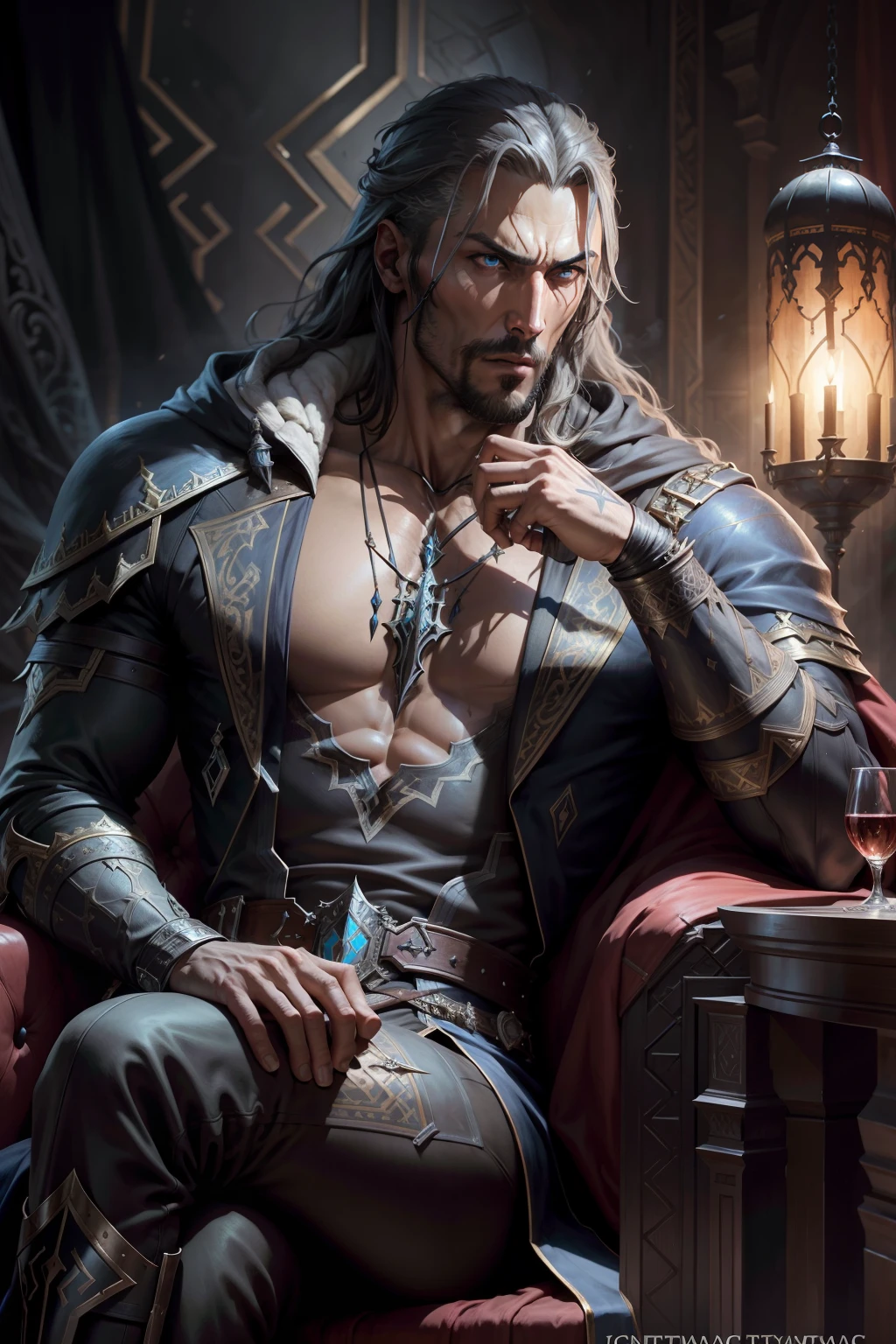 Castlevania Lord of the shadows sitting in great Legendary riad environnement moroccan hyper realistic super detailed Dynamic shot