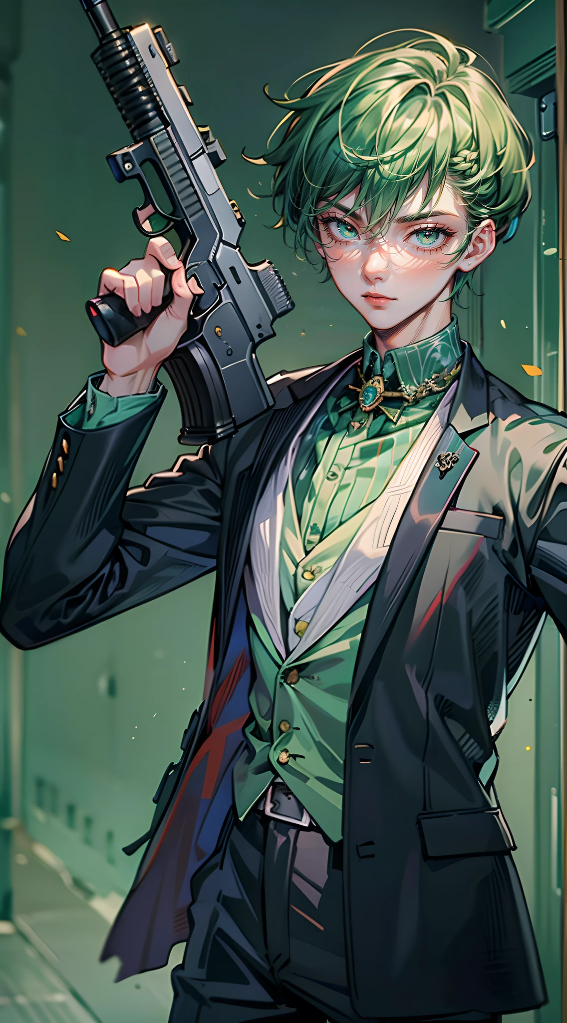 ((Masterpiece: 1.4, Best Quality)), ((Masterpiece, Best Quality)), short green hair and big eyes, 19 year old young man, delicate hair, serious, suit, arm outstretched gun, dark atmosphere
