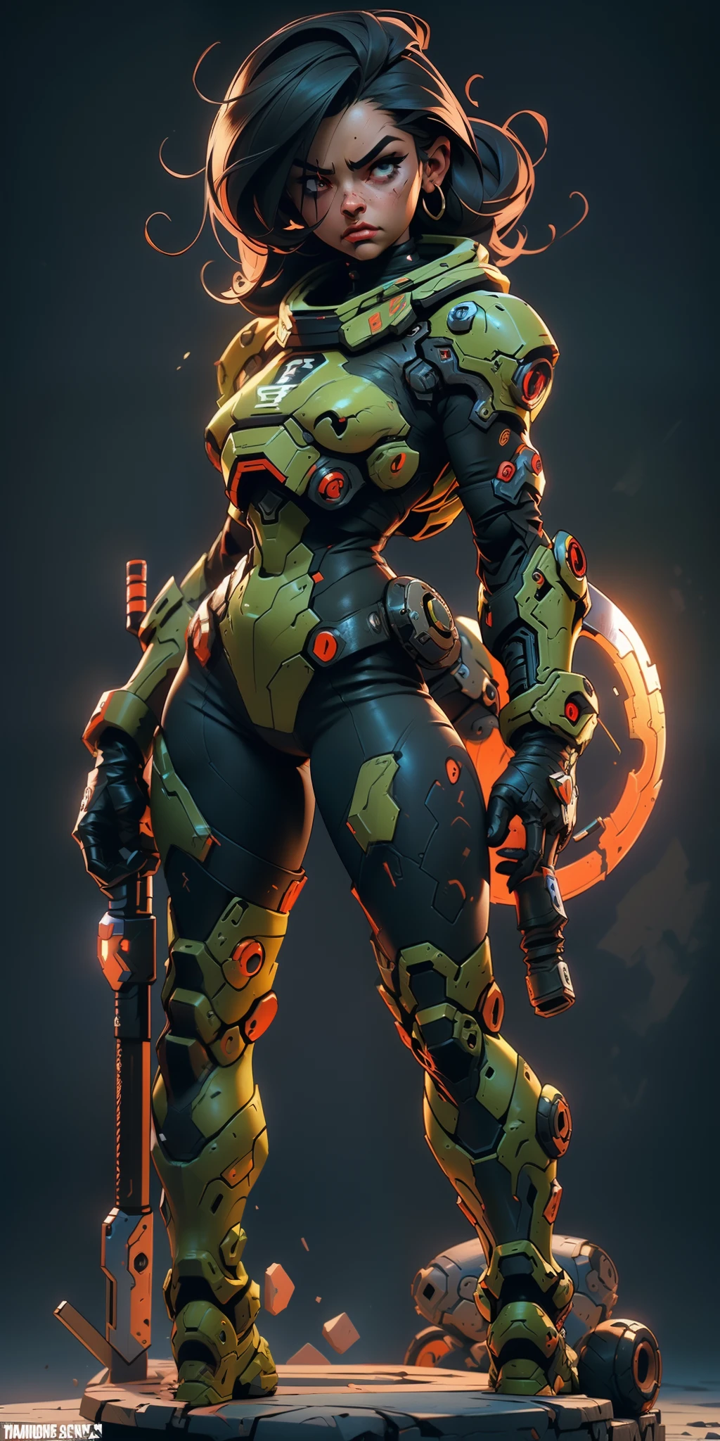 melhor qualidade, Ultra Detalhado, obra prima, 1 garota, combatente sci-fi estilo doom slayer, Jogo de doom eternal, ((garota soldado usando uma armadura nsfw do doom slayer)), dinamic poses, Pose de combate, motor ureal 5, 8k, dramatic light, Apocalyptic urban setting, proporcional, simetrico, Aurea Ratio, art-station